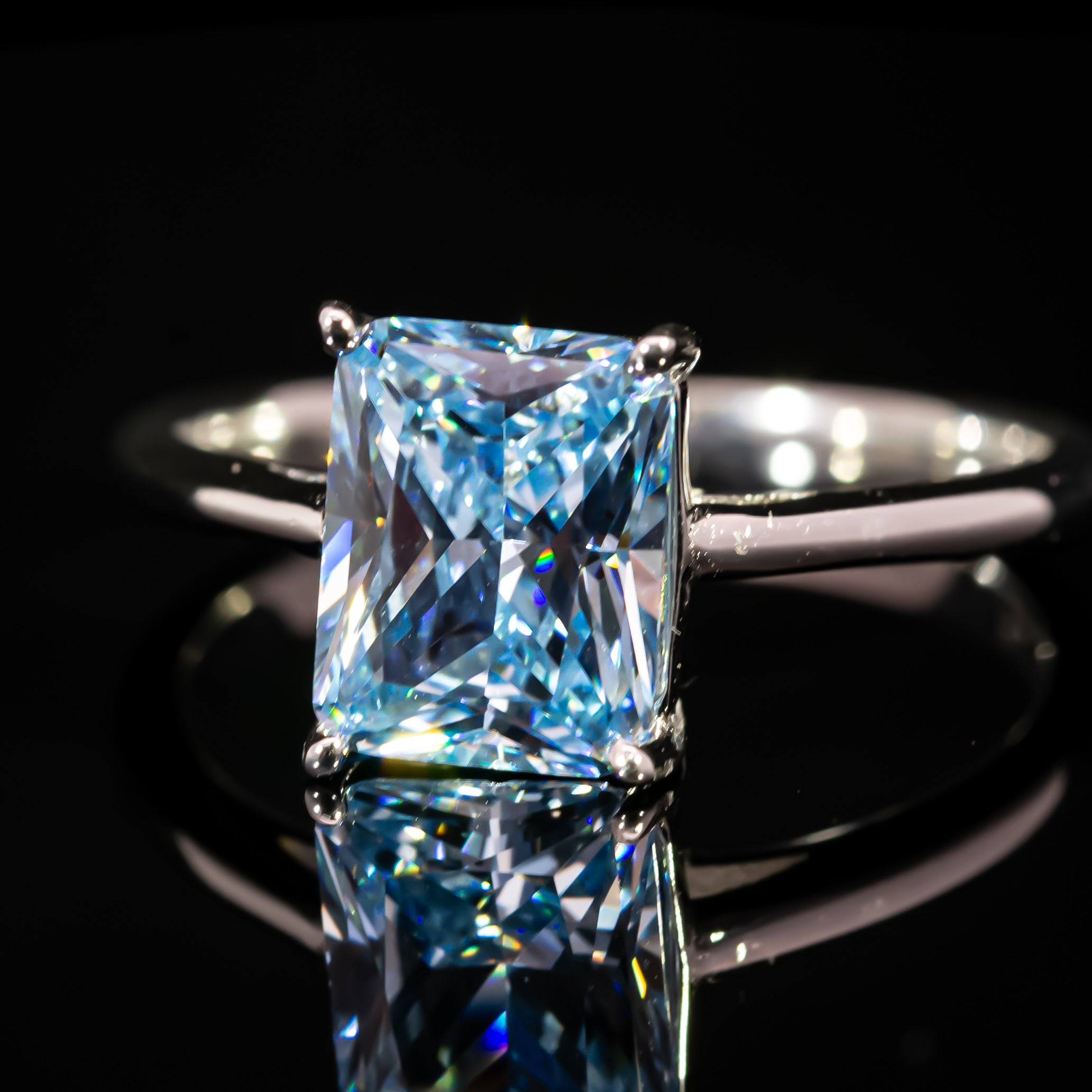 Dolce Mondo Luxe Blue Radiant Cut Solitaire Ring in 925 Silver with Premium Zircon Stone