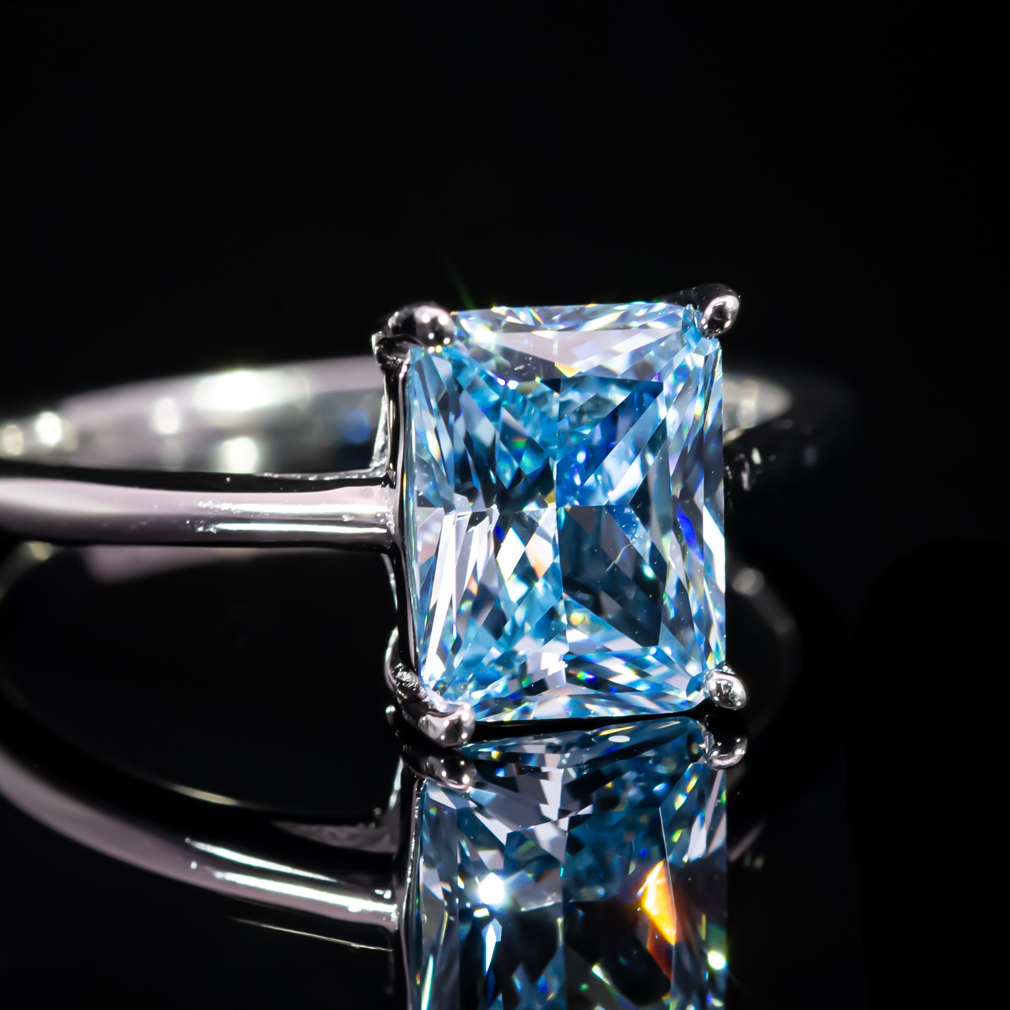 Dolce Mondo Luxe Blue Radiant Cut Solitaire Ring in 925 Silver with Premium Zircon Stone