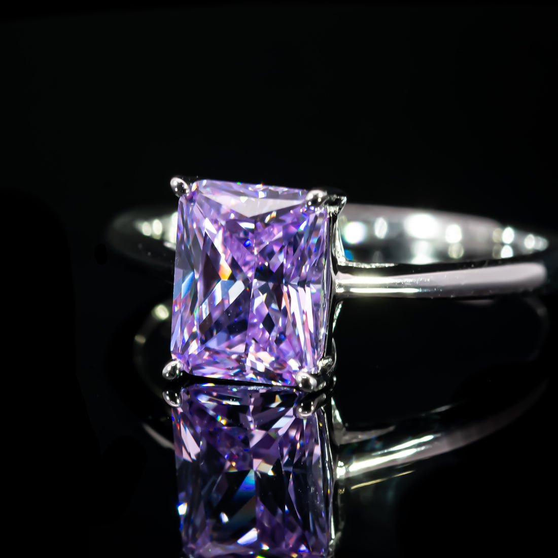 Dolce Mondo Classic Purple Radiant Cut Solitaire Ring in 925 Silver with Premium Zircon Stone