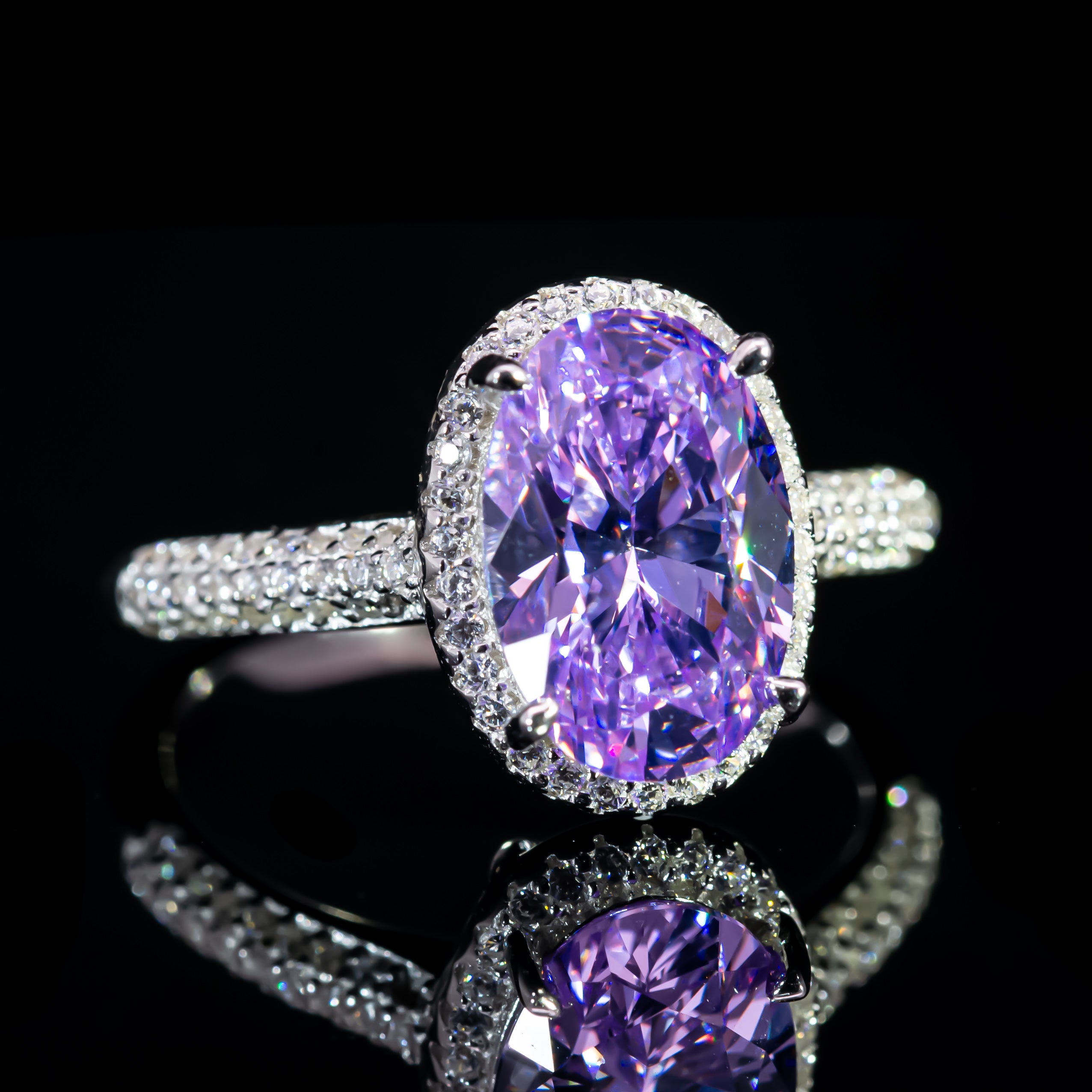 Dolce Mondo Regal Purple Oval Halo Ring in 925 Silver with Premium Zircon Stones