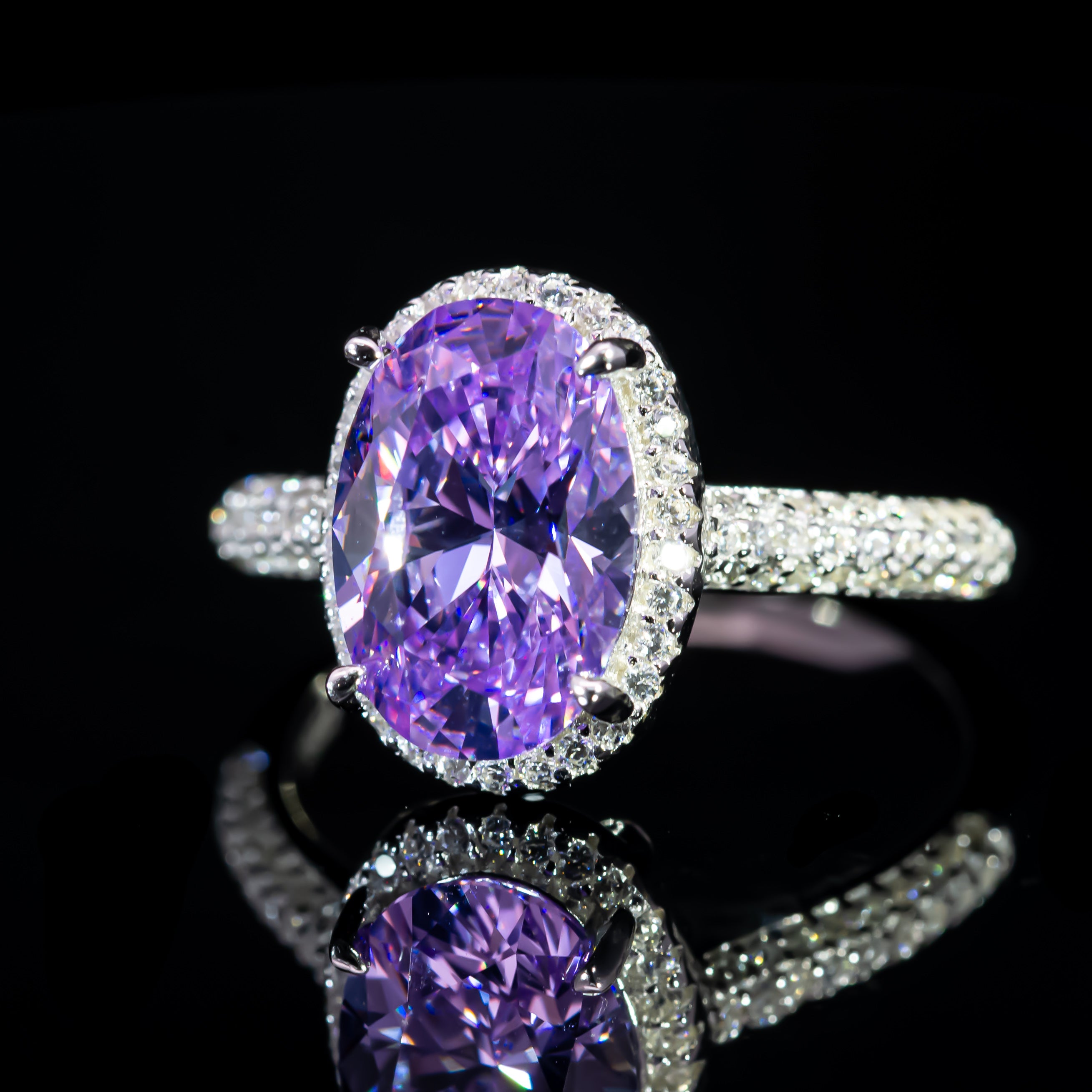 Dolce Mondo Regal Purple Oval Halo Ring in 925 Silver with Premium Zircon Stones