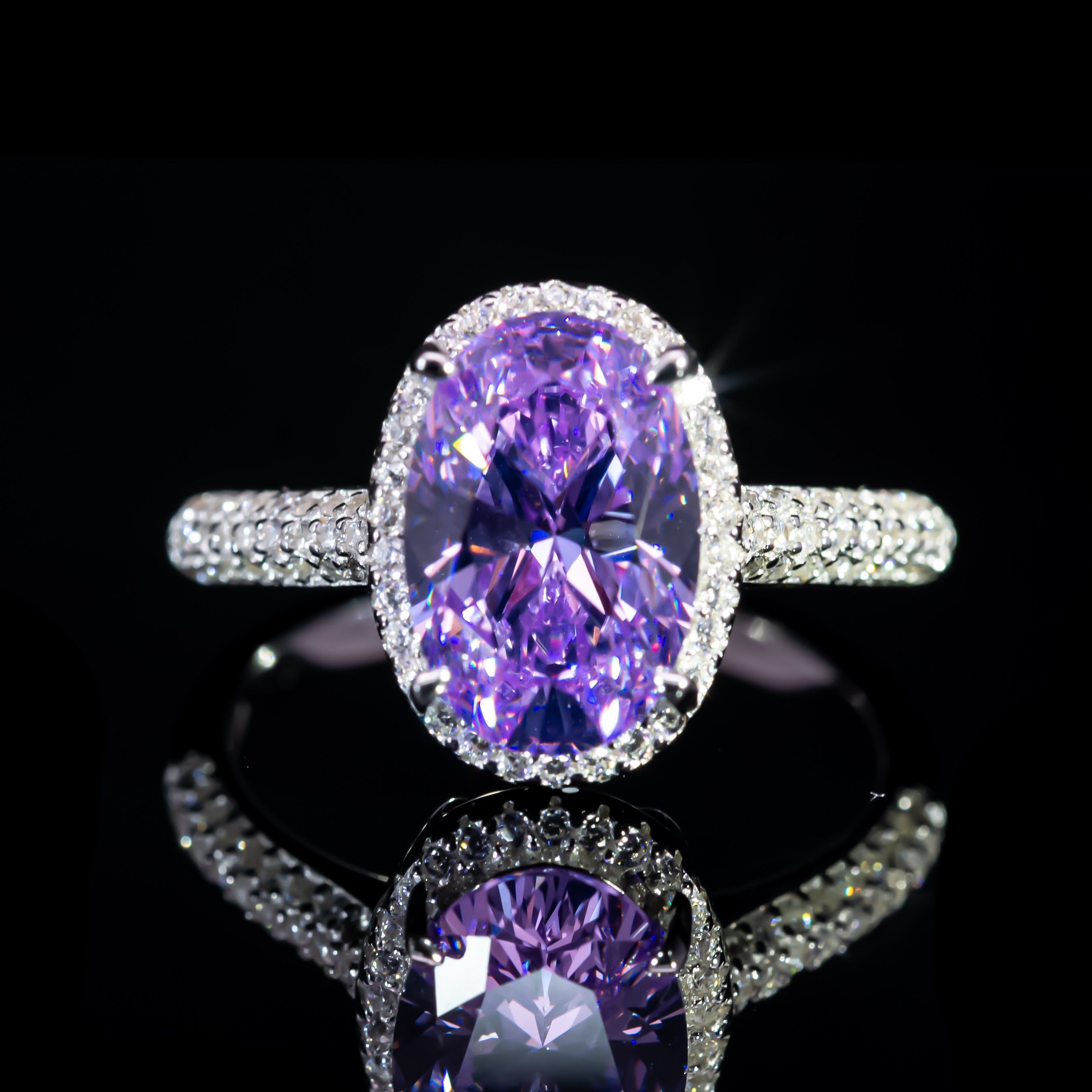 Dolce Mondo Regal Purple Oval Halo Ring in 925 Silver with Premium Zircon Stones