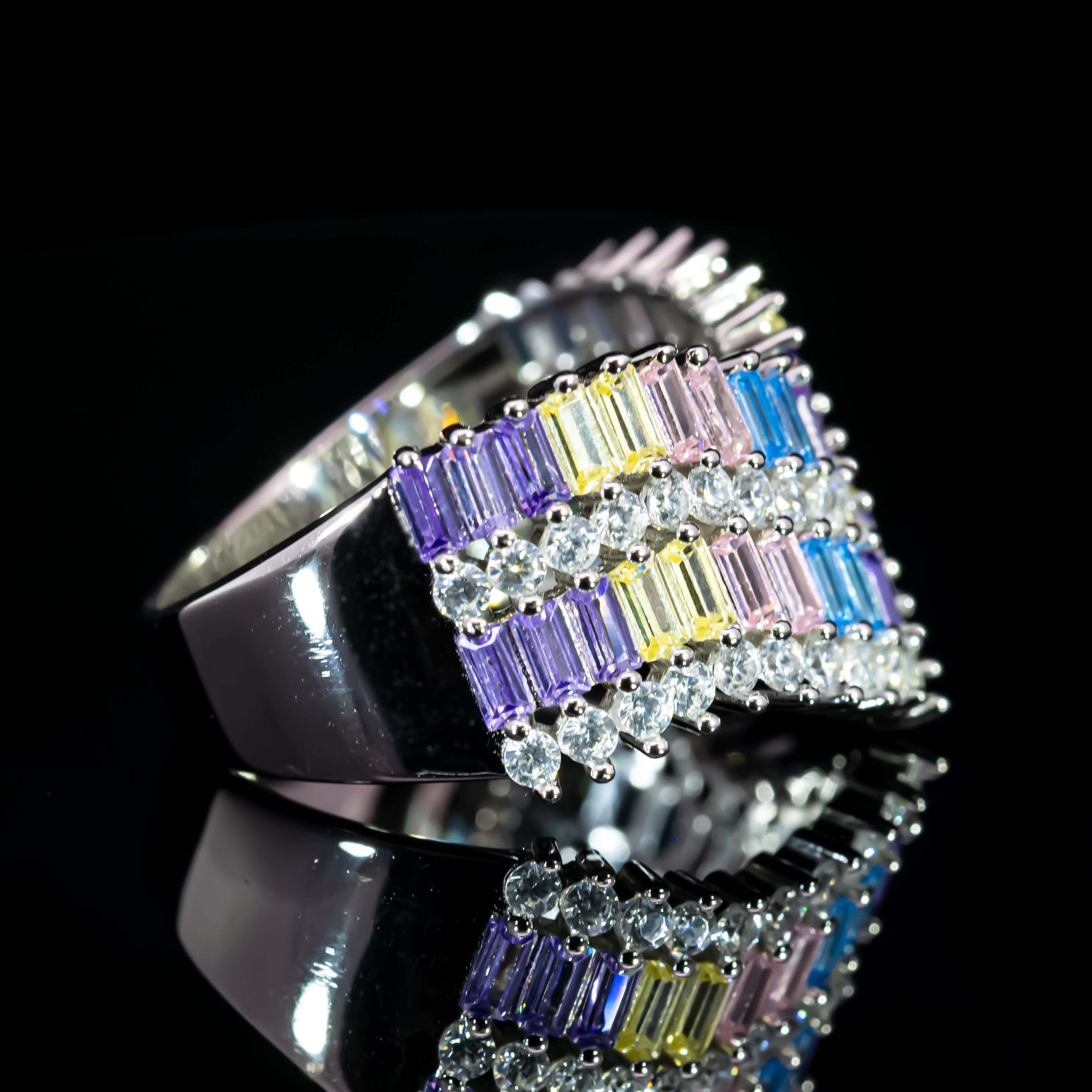 Dolce Mondo Majestic Multicolor Baguette Premium Zircon 925 Silver Ring