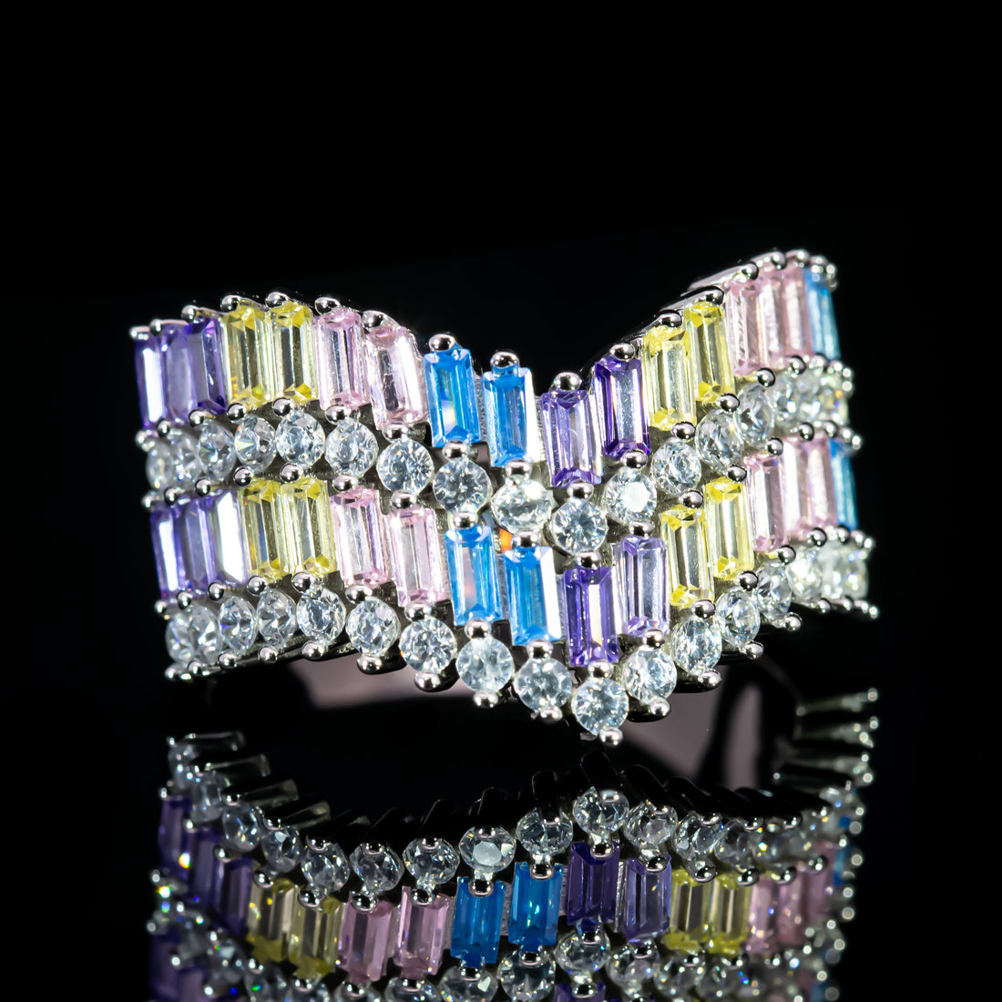 Dolce Mondo Majestic Multicolor Baguette Premium Zircon 925 Silver Ring