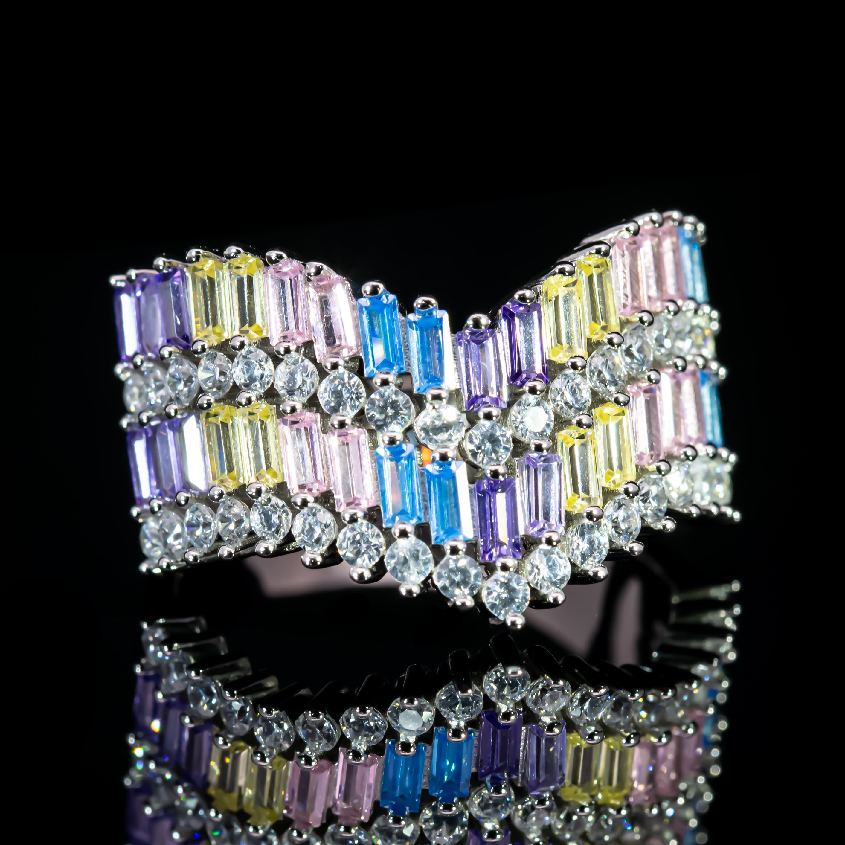 Dolce Mondo Majestic Multicolor Baguette Premium Zircon 925 Silver Ring