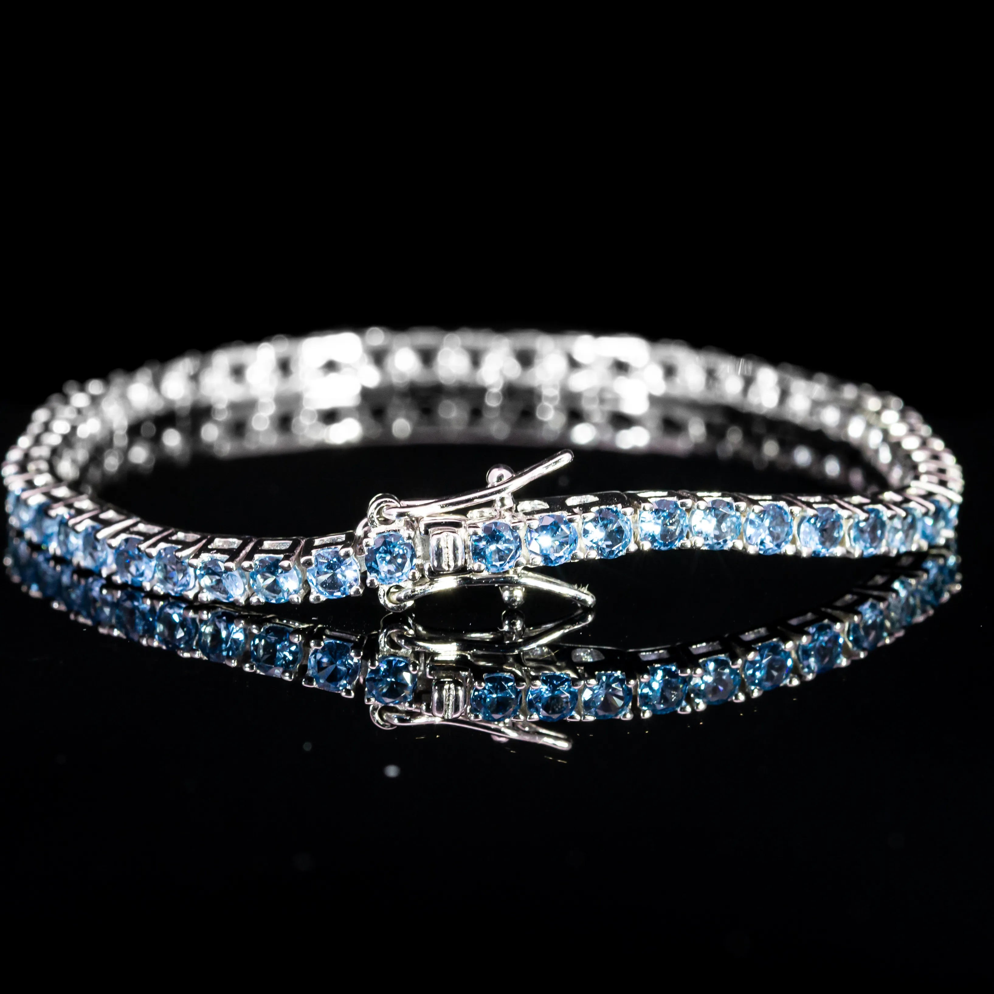 Dolce Mondo Tennis Bracelet 2.5mm & 3mm Sky Blue Simulated Diamond Stone in Pure 925 Sterling Silver