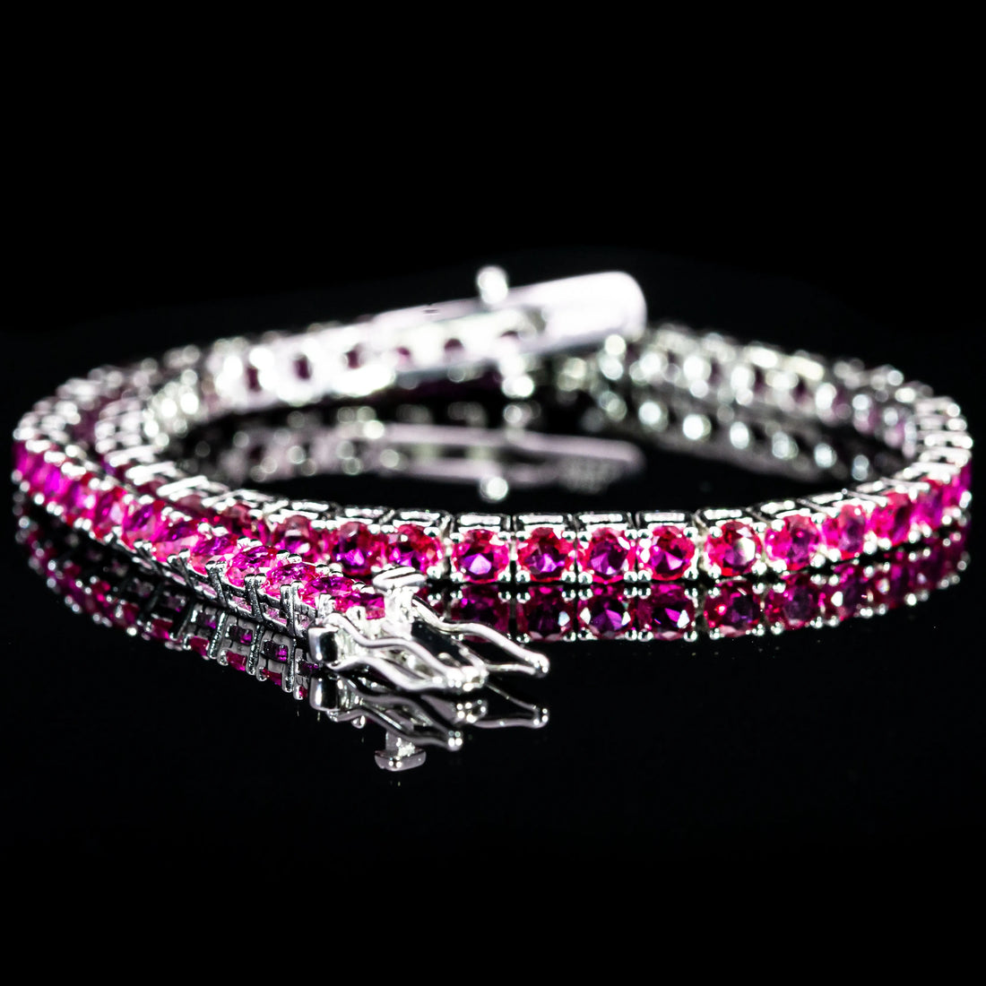 Dolce Mondo Tennis Bracelet 3mm Ruby Pink Simulated Diamond Stone in Pure 925 Sterling Silver