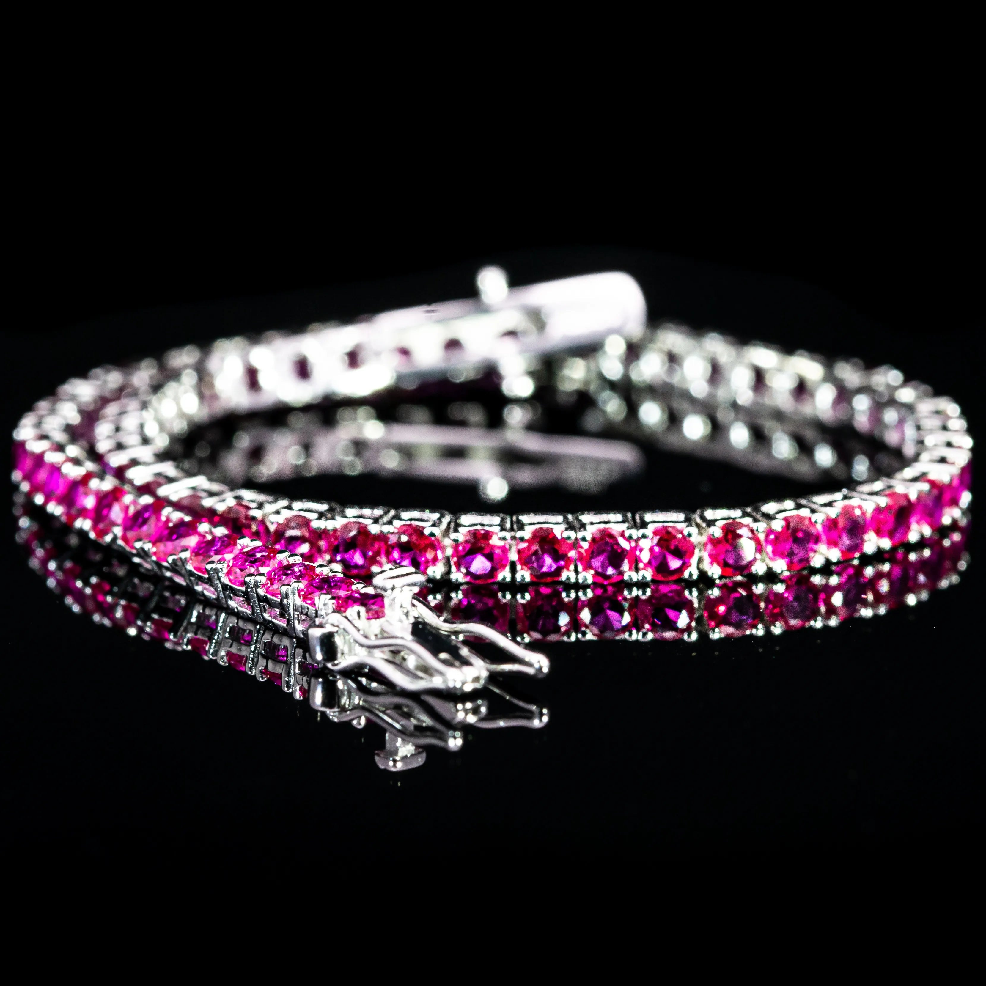 Dolce Mondo Tennis Bracelet 3mm Ruby Pink Simulated Diamond Stone in Pure 925 Sterling Silver