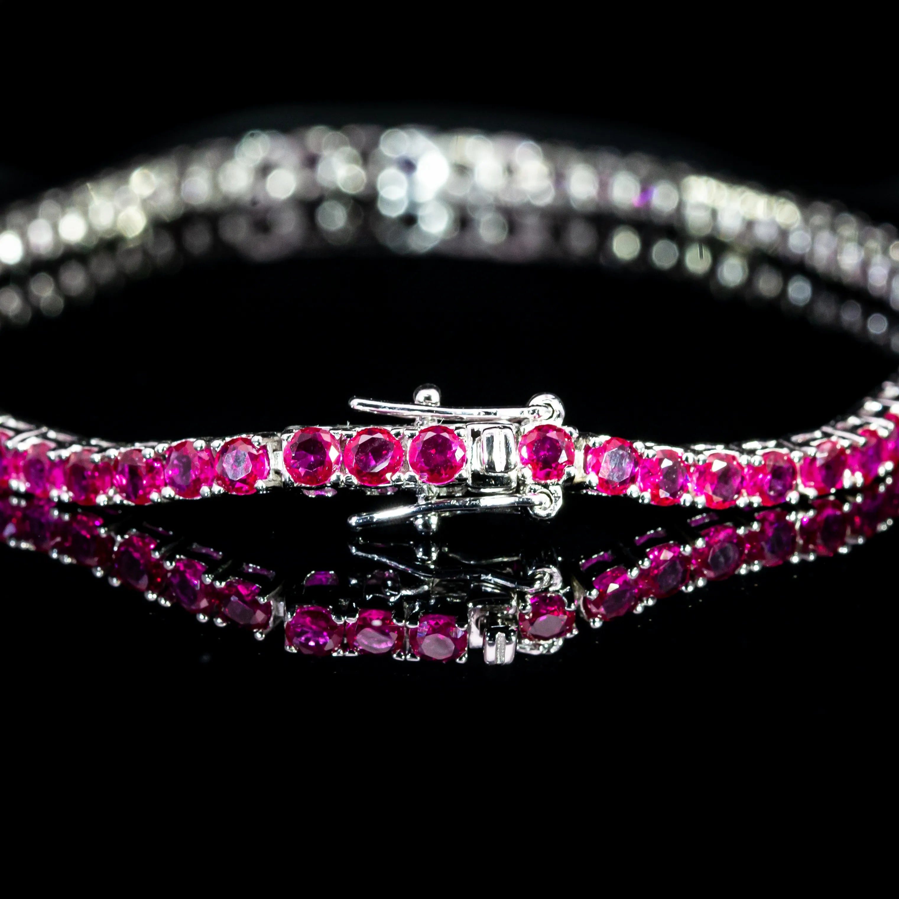 Dolce Mondo Tennis Bracelet 3mm Ruby Pink Simulated Diamond Stone in Pure 925 Sterling Silver