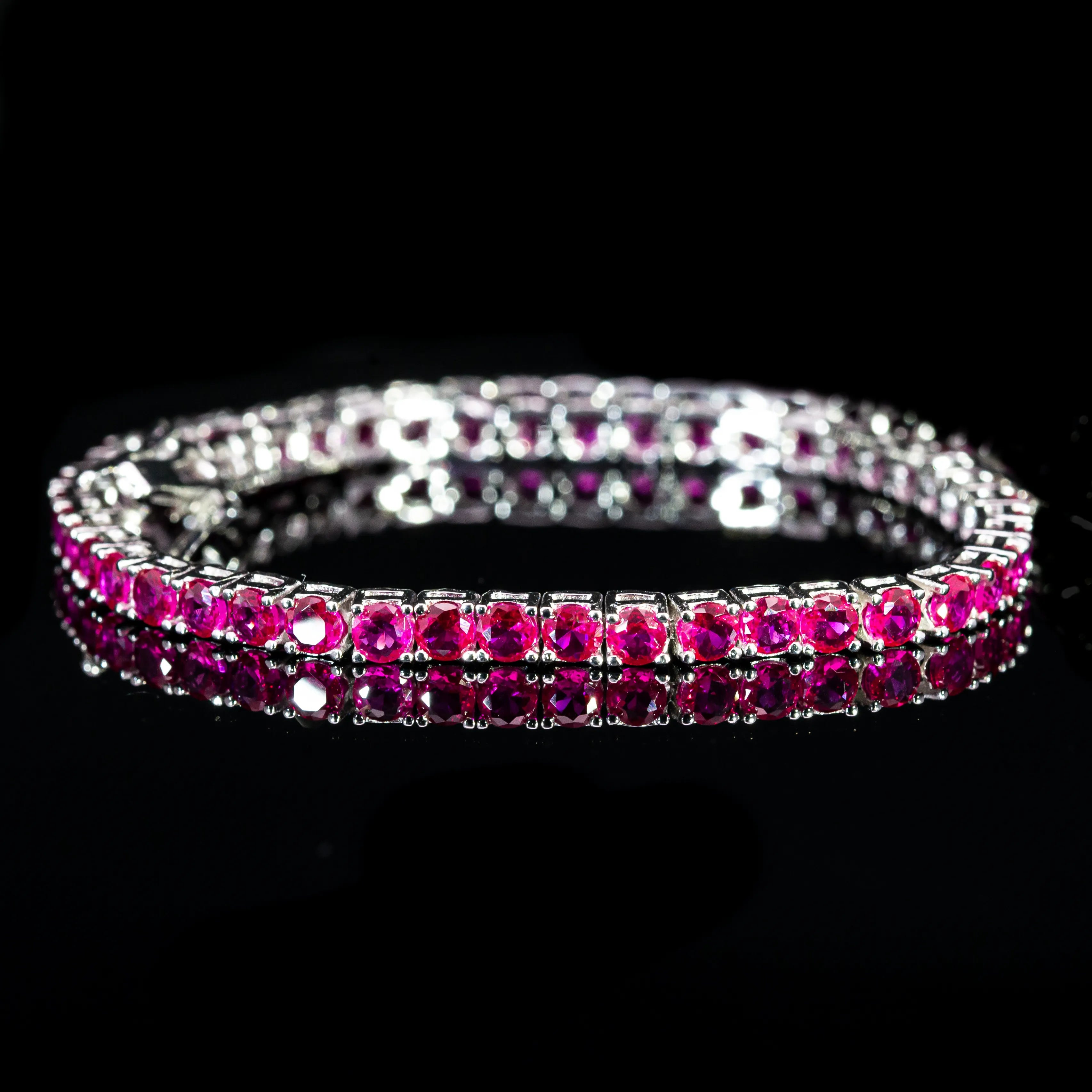 Dolce Mondo Tennis Bracelet 3mm Ruby Pink Simulated Diamond Stone in Pure 925 Sterling Silver