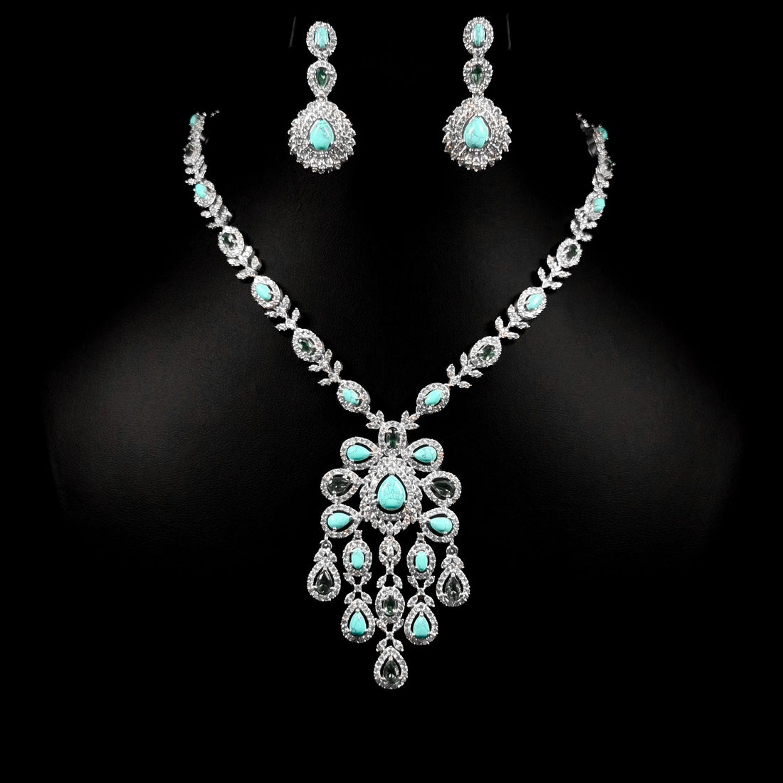 Lagoon Cascade Turquoise Green Premium Quality Zircon Rhodium Plated Fancy Bridal Full Set