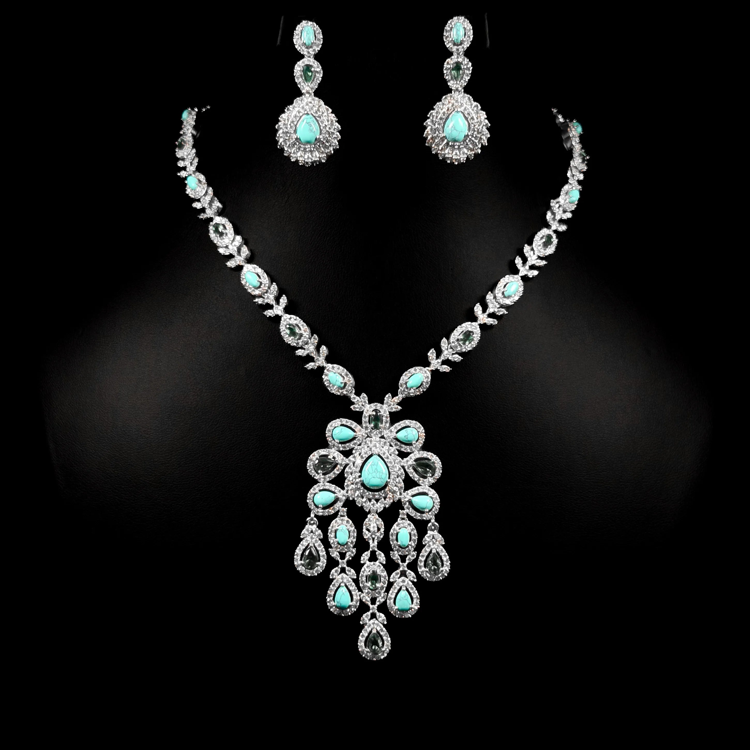 Lagoon Cascade Turquoise Green Premium Quality Zircon Rhodium Plated Fancy Bridal Full Set