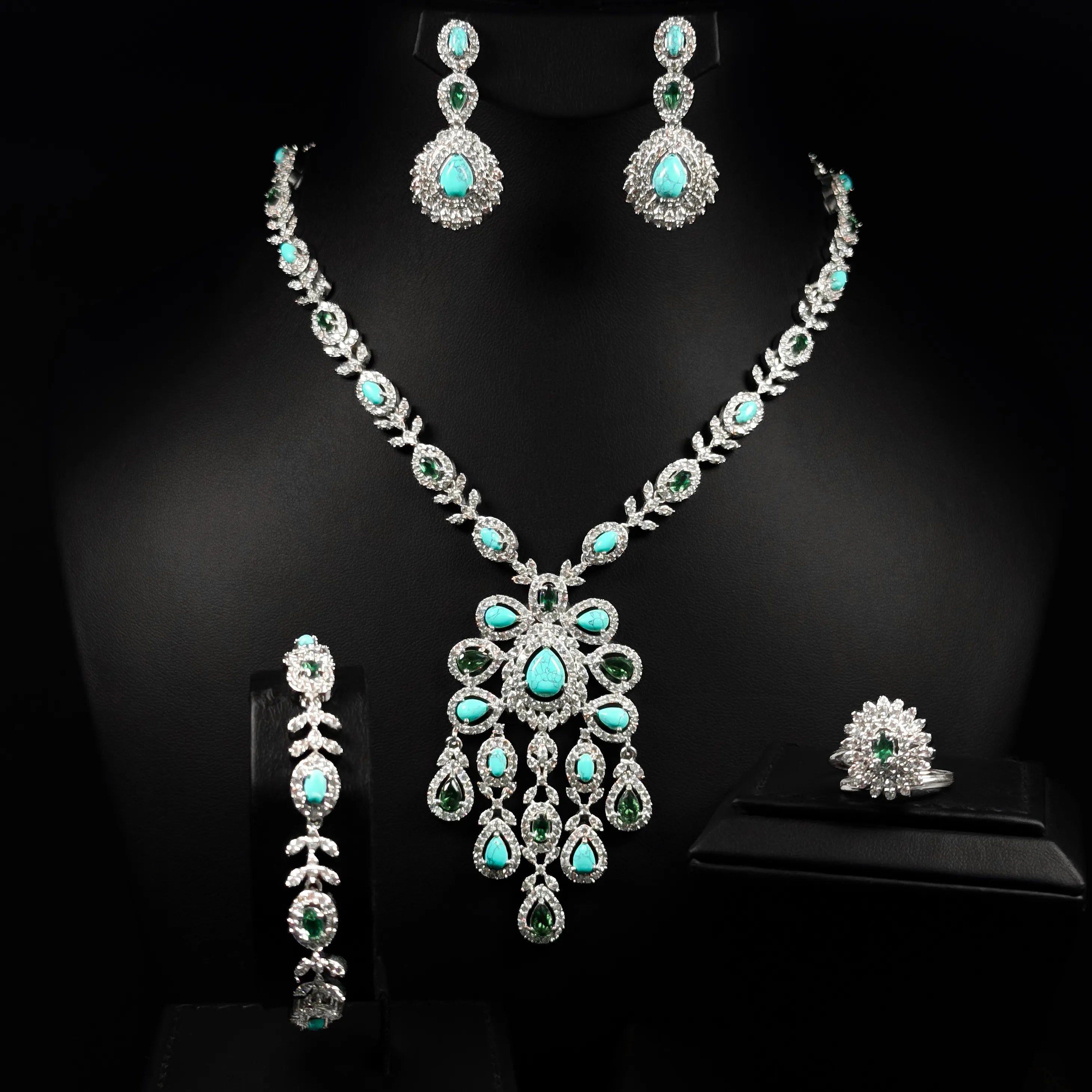 Lagoon Cascade Turquoise Green Premium Quality Zircon Rhodium Plated Fancy Bridal Full Set