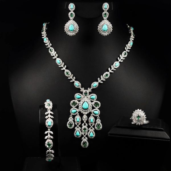 Lagoon Cascade Turquoise Green Premium Quality Zircon Rhodium Plated Fancy Bridal Full Set