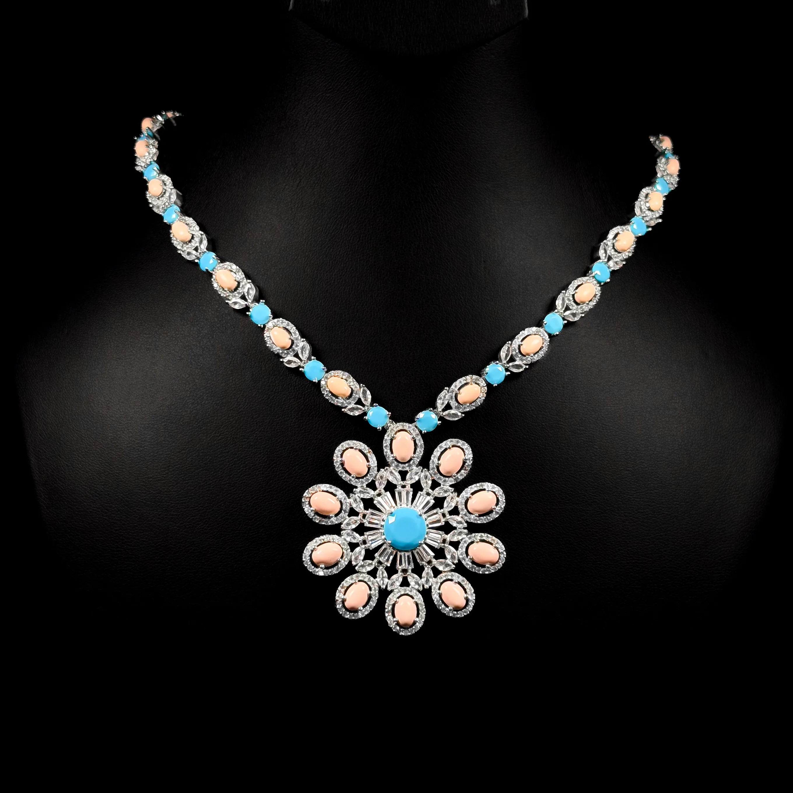 Coral Bloom Peach & Turquoise Premium Quality Zircon Rhodium Plated Statement Necklace