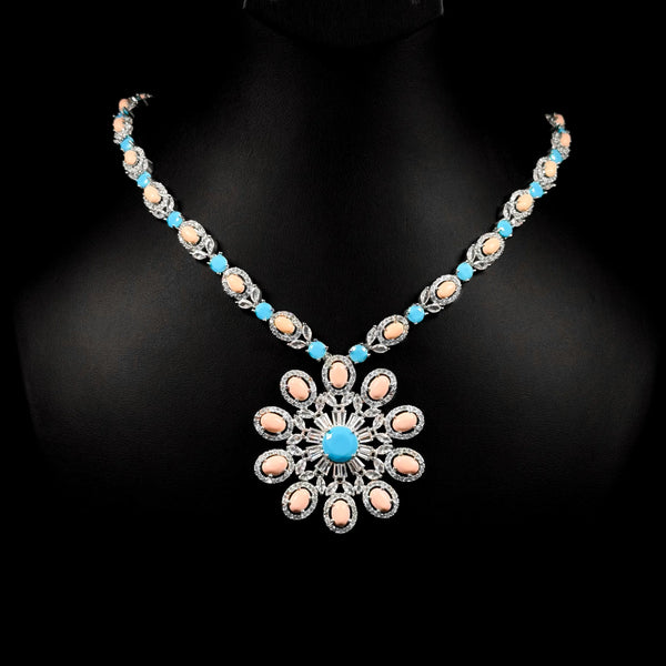 Coral Bloom Peach & Turquoise Premium Quality Zircon Rhodium Plated Statement Necklace