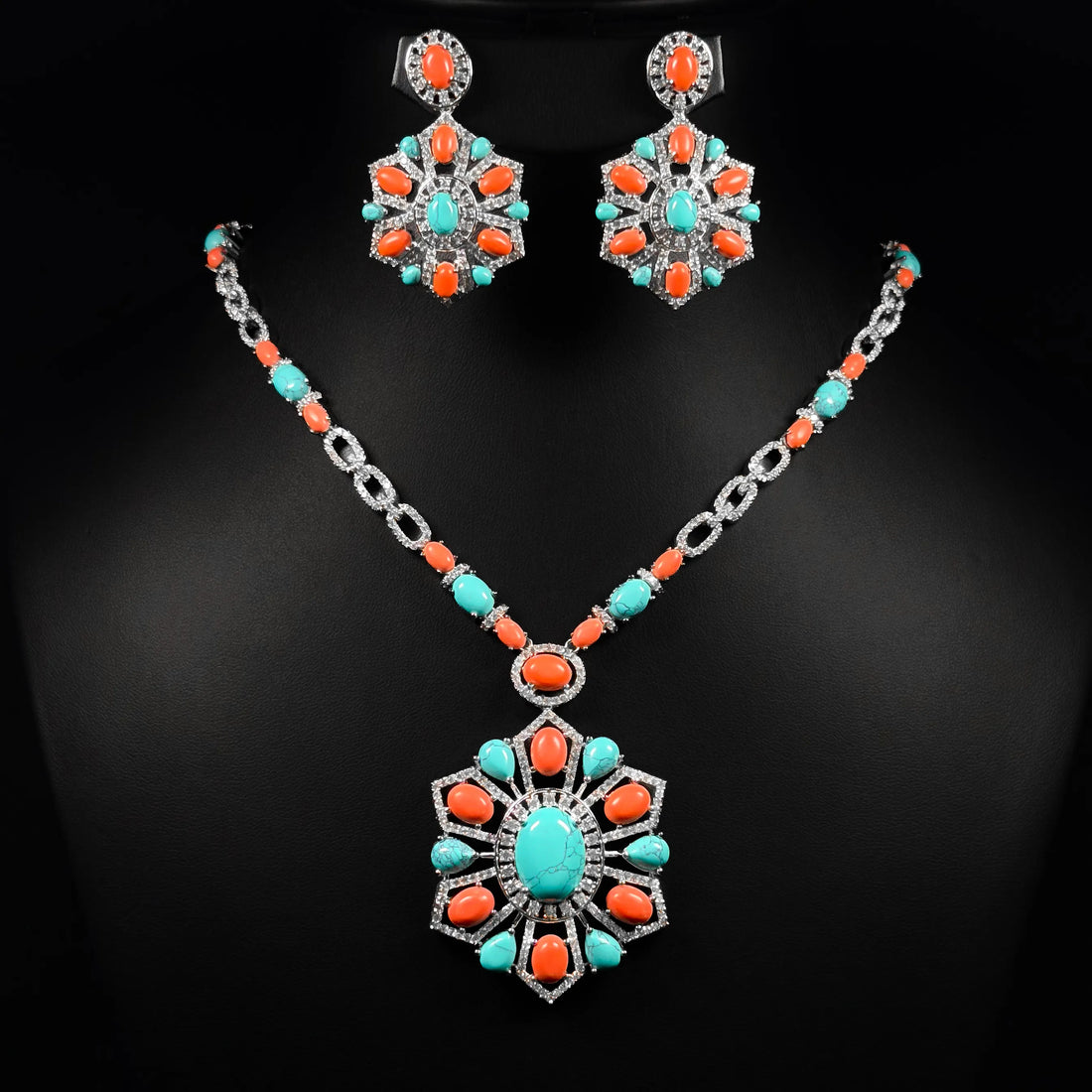 Coral Oasis Turquoise White Zircon Hight Quality Rhodium Plated Long Chain Full Set