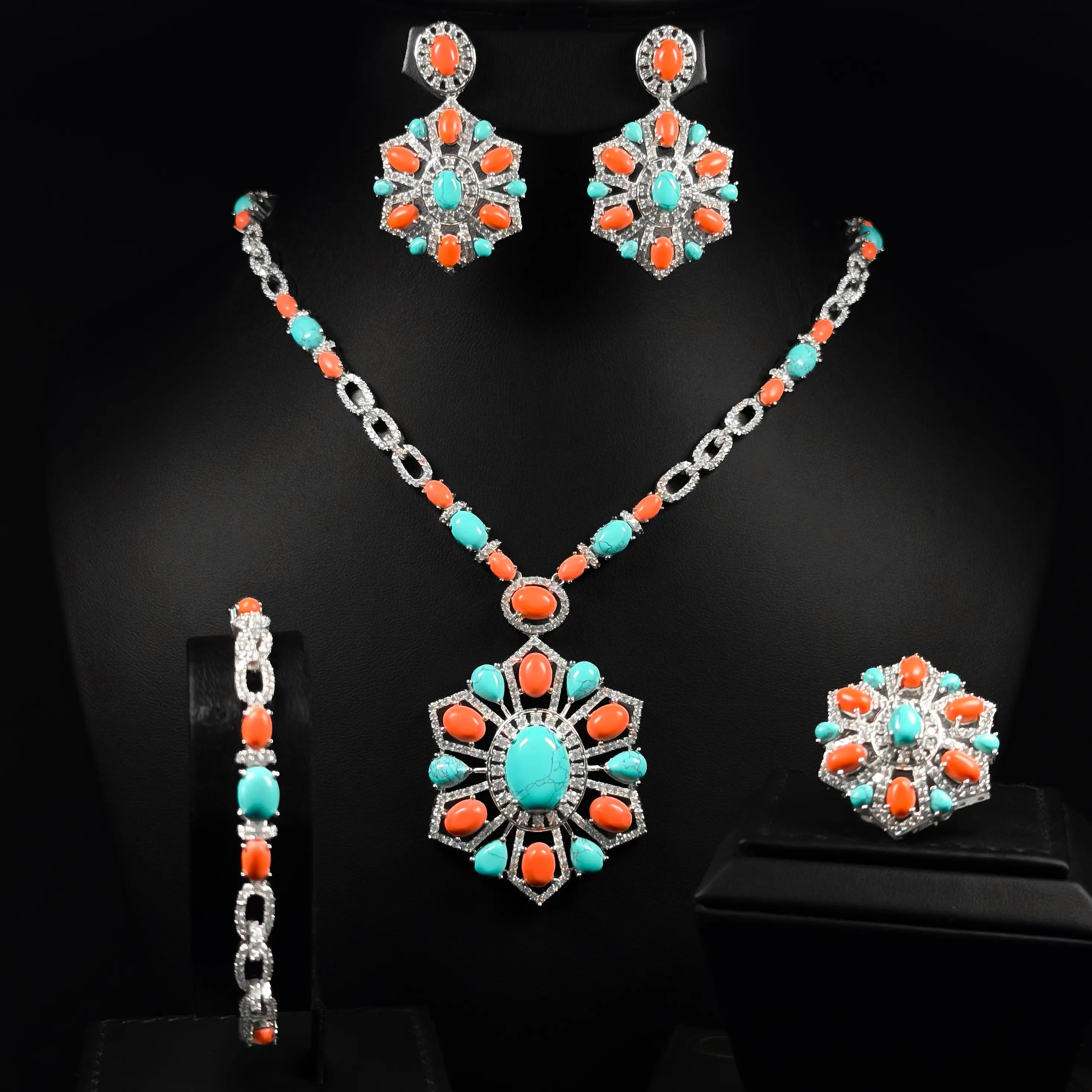 Coral Oasis Turquoise White Zircon Hight Quality Rhodium Plated Long Chain Full Set