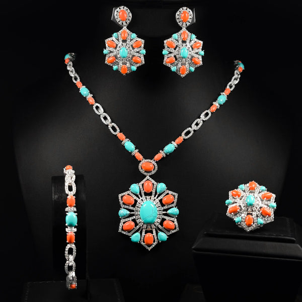 Coral Oasis Turquoise White Zircon Hight Quality Rhodium Plated Long Chain Full Set
