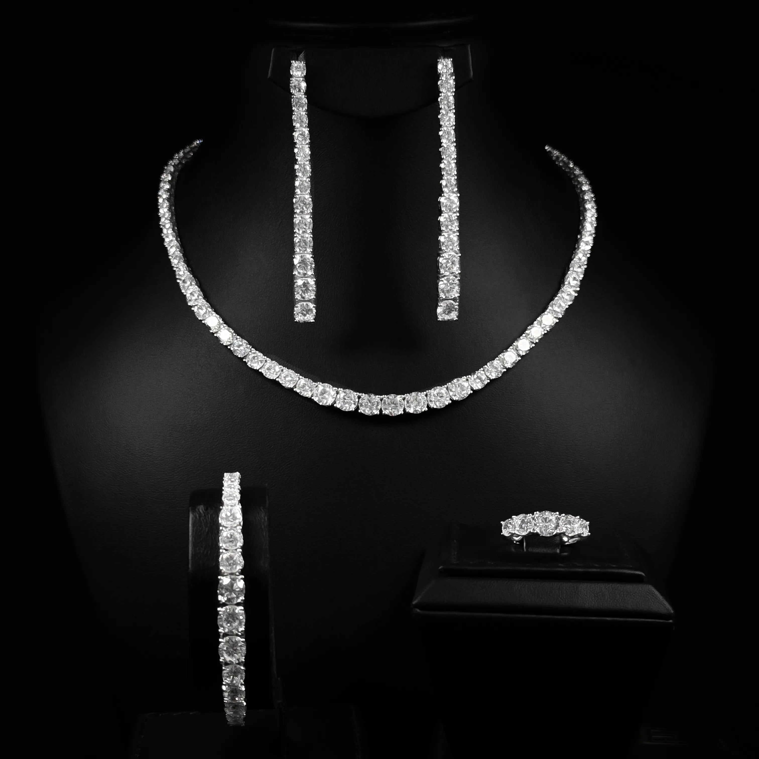Classic Tennis White Zircon Premium Rhodium Plated Luxury Bridal Full Set