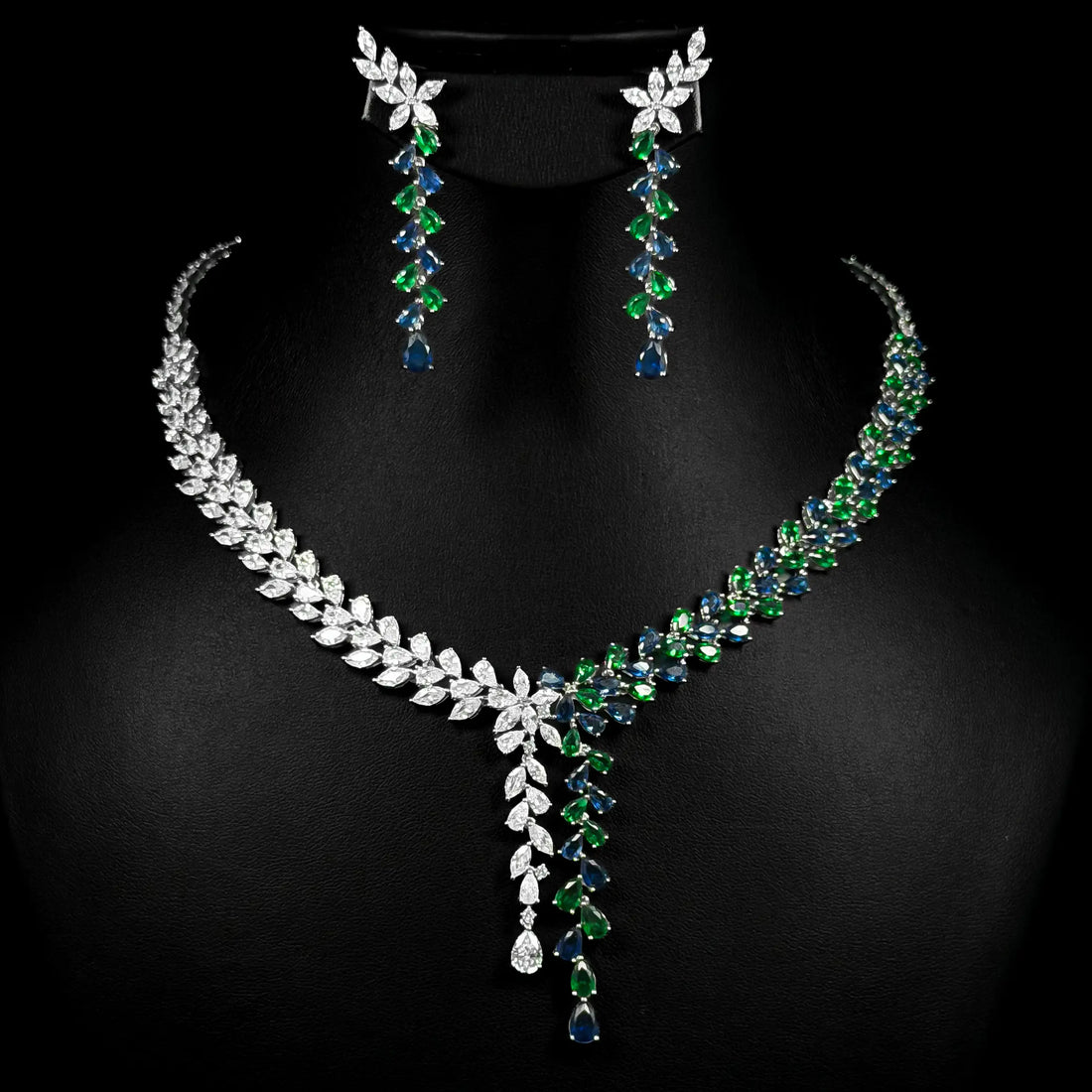 Emerald Green and Blue Premium Quality Zircon Rhodium Plated Fancy Bridal Full Set