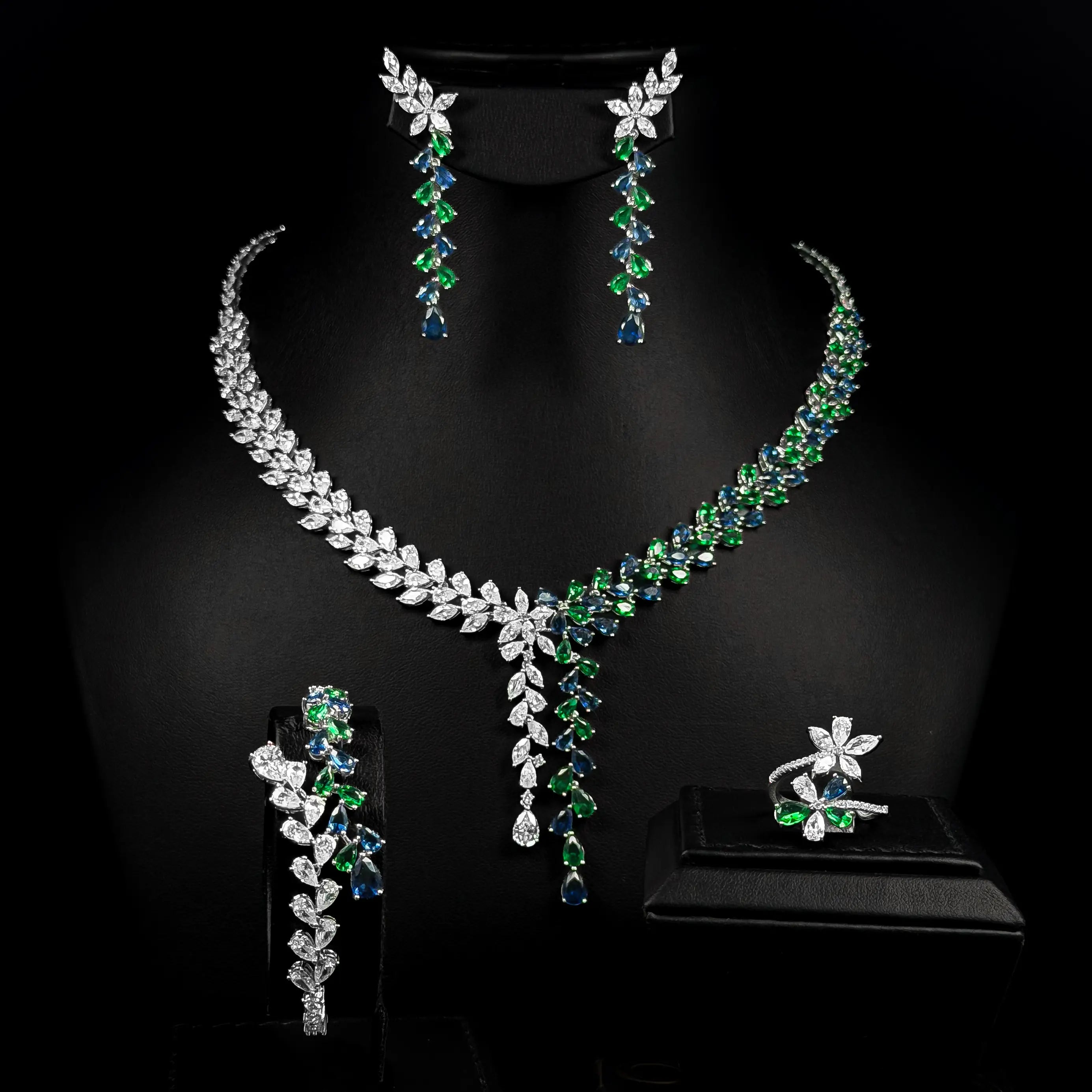 Emerald Green and Blue Premium Quality Zircon Rhodium Plated Fancy Bridal Full Set