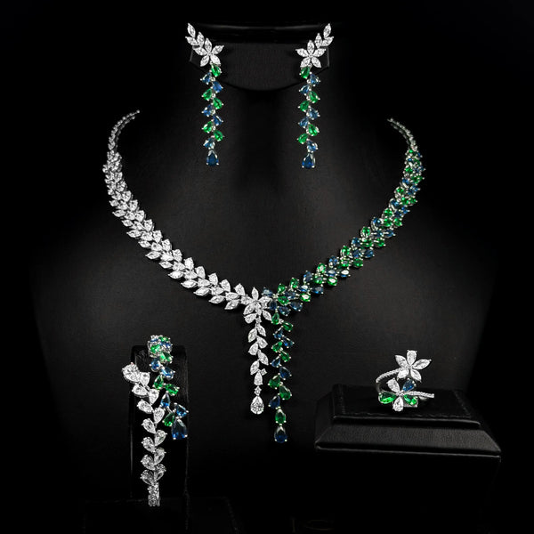 Emerald Green and Blue Premium Quality Zircon Rhodium Plated Fancy Bridal Full Set
