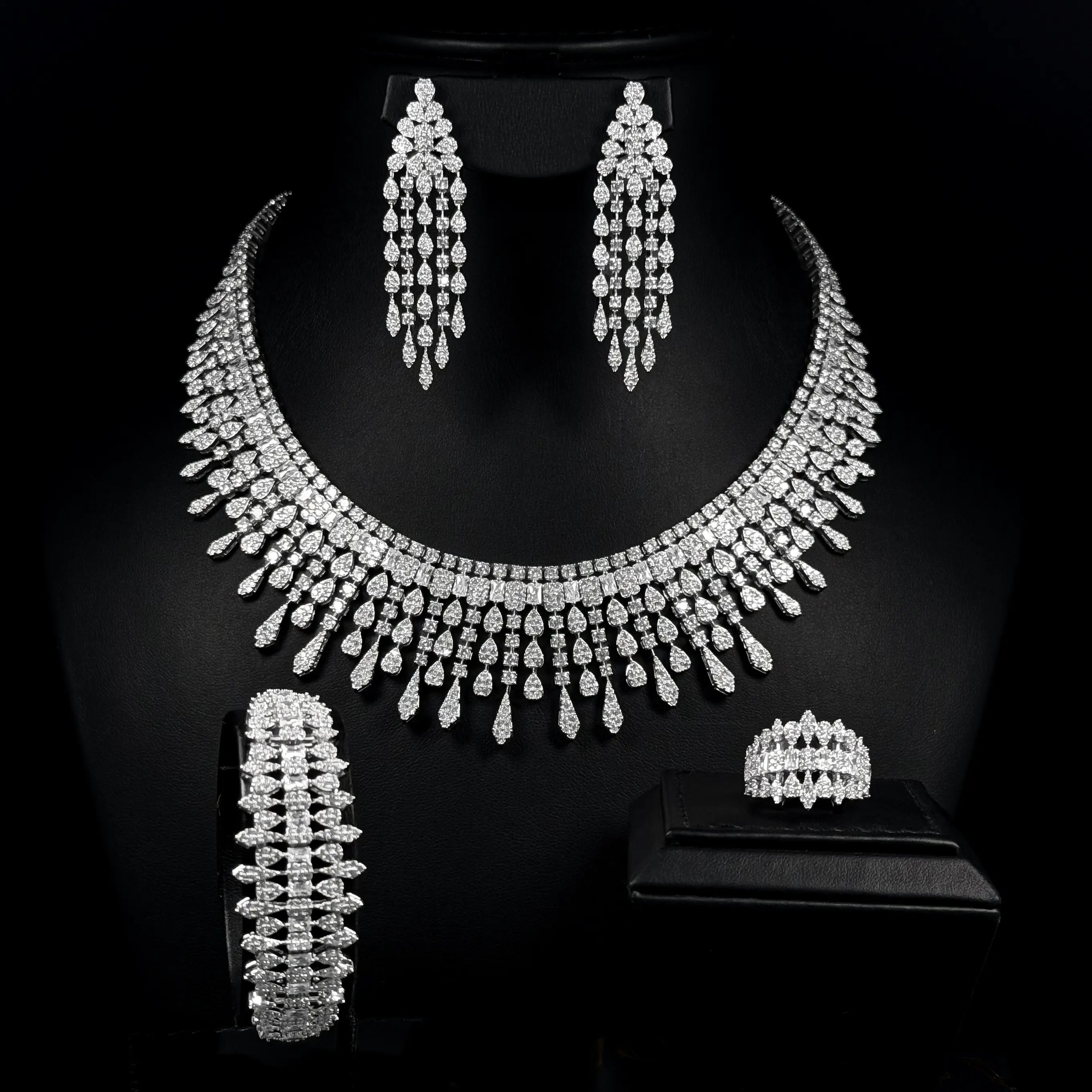 Regal Fringe White Premium Quality Zircon Rhodium Plated Wedding Full Set