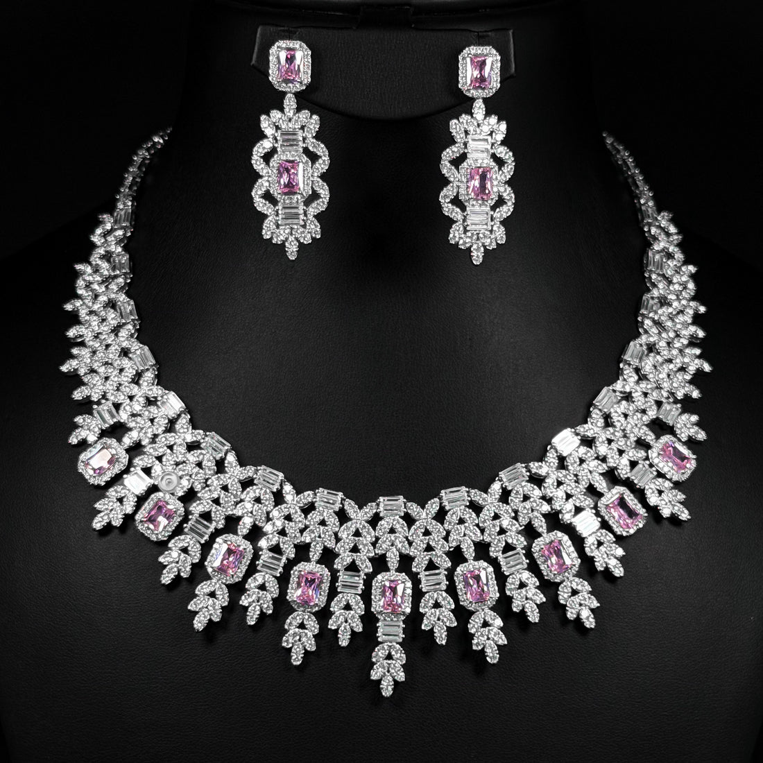 Rose Monarch Pink Premium Quality Zircon Rhodium Plated Luxury Bridal Full Set