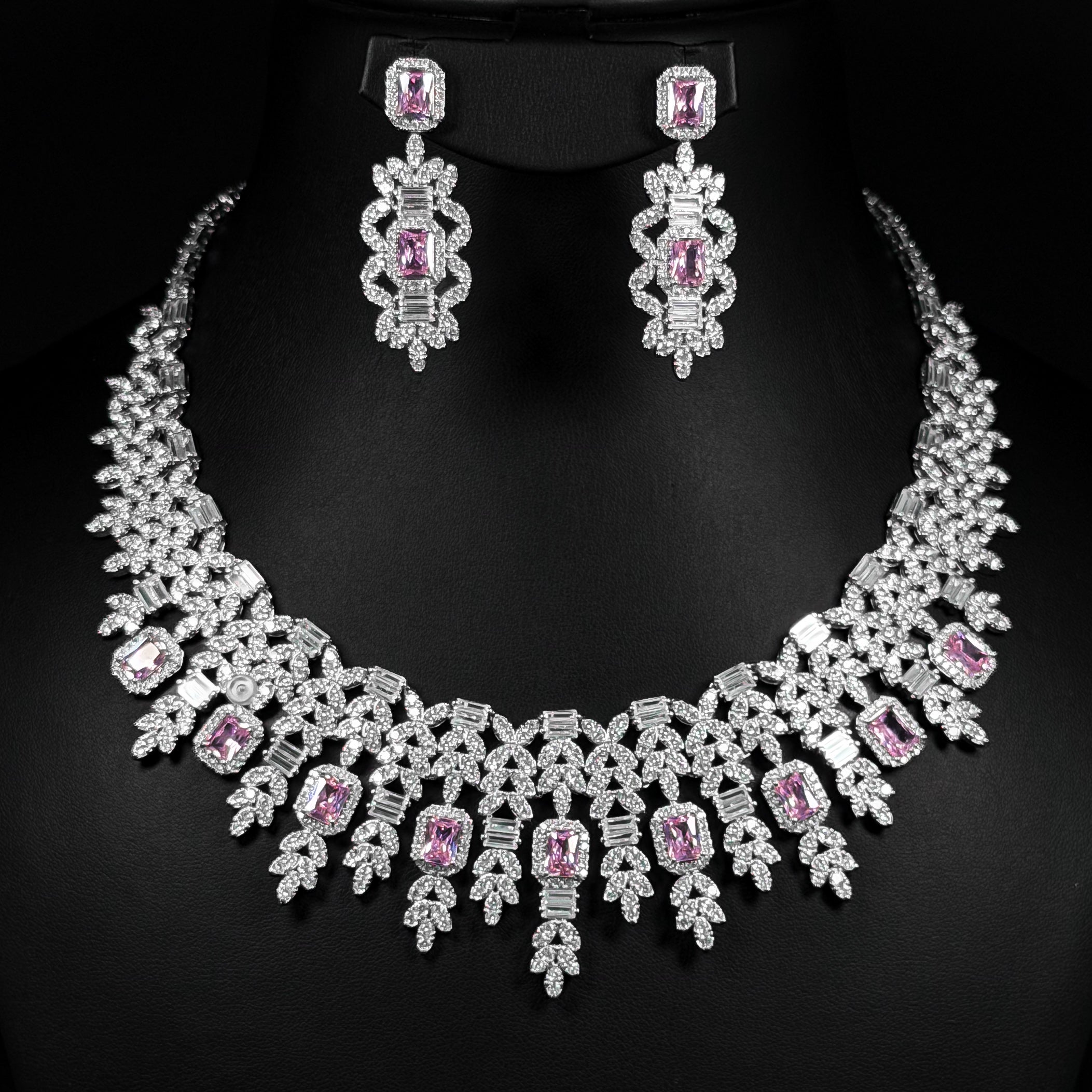 Rose Monarch Pink Premium Quality Zircon Rhodium Plated Luxury Bridal Full Set