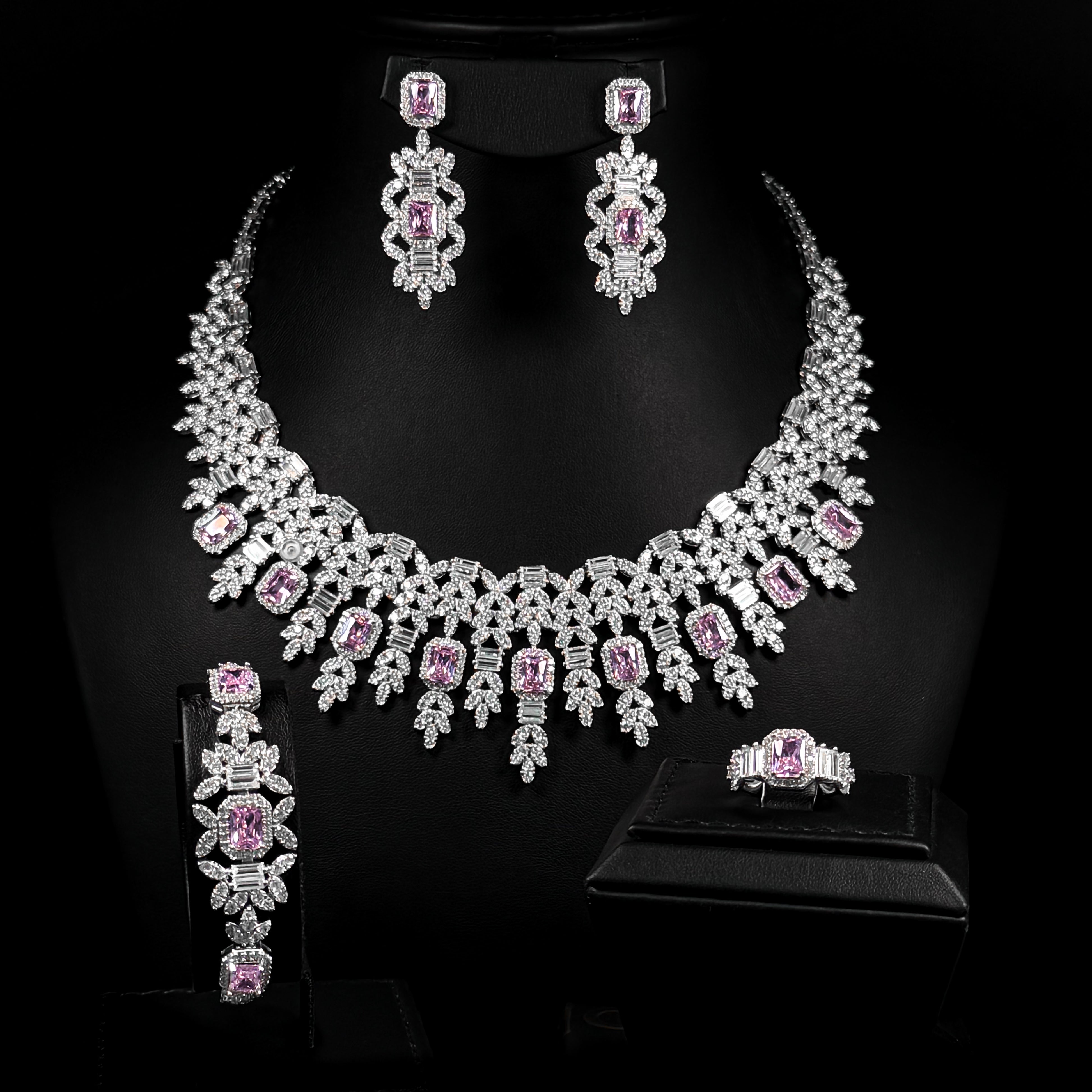 Rose Monarch Pink Premium Quality Zircon Rhodium Plated Luxury Bridal Full Set