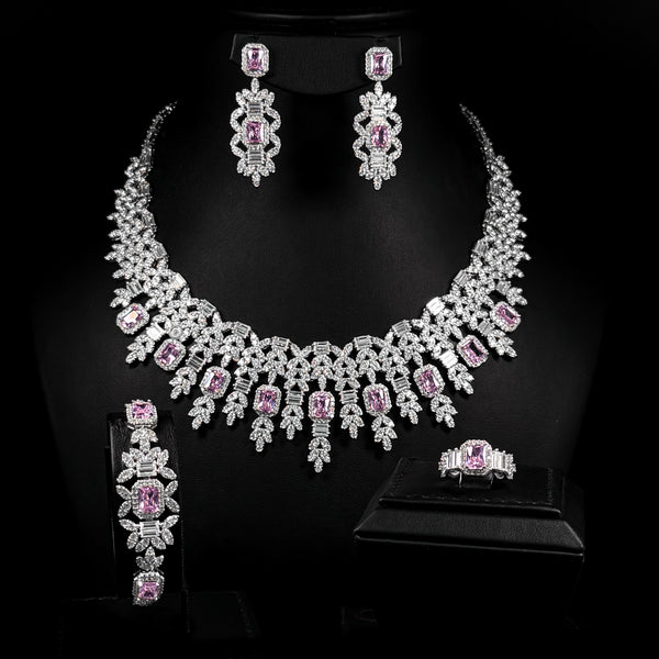 Rose Monarch Pink Premium Quality Zircon Rhodium Plated Luxury Bridal Full Set