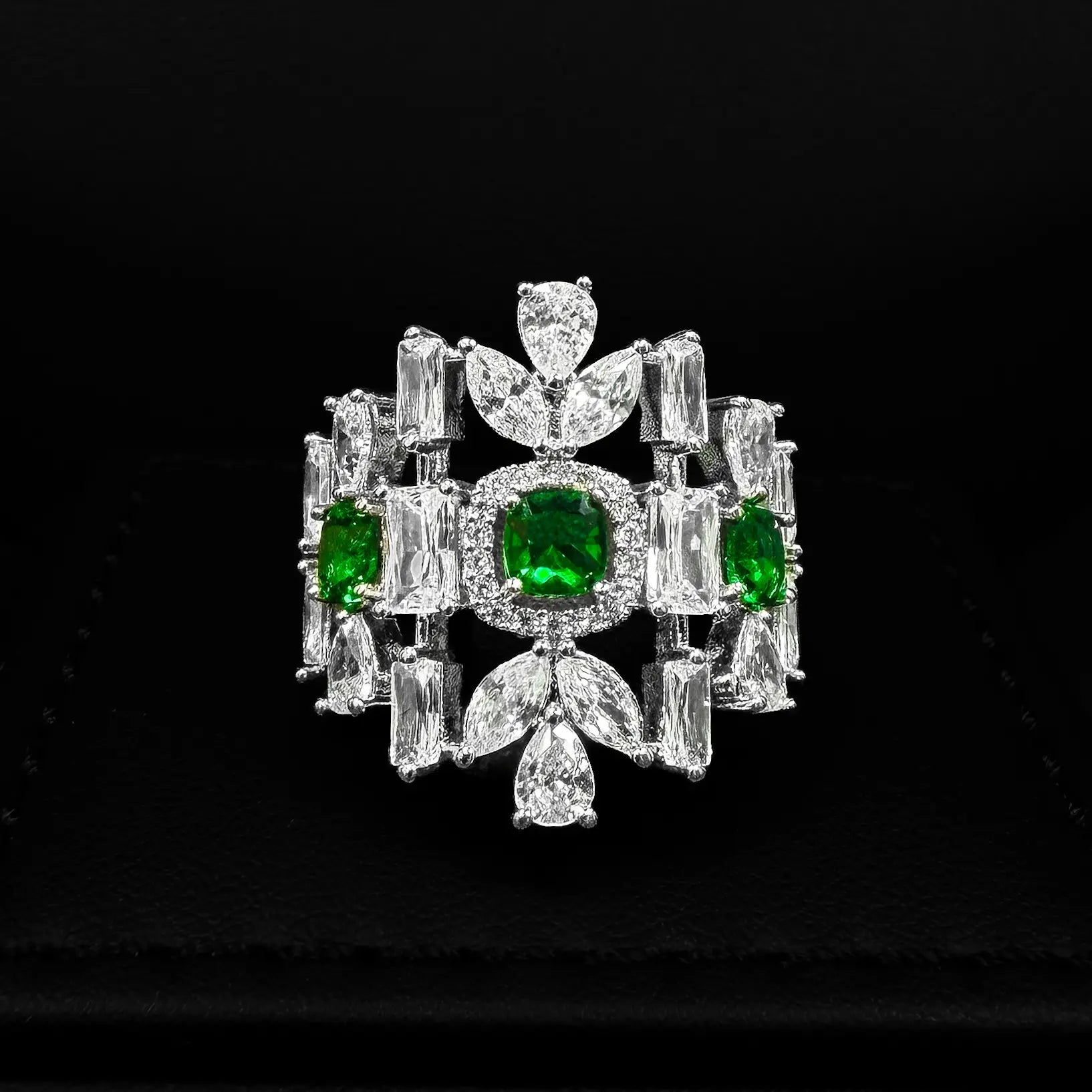 Emerald Fringe Green Premium Quality Zircon Rhodium Plated Wedding Full Set