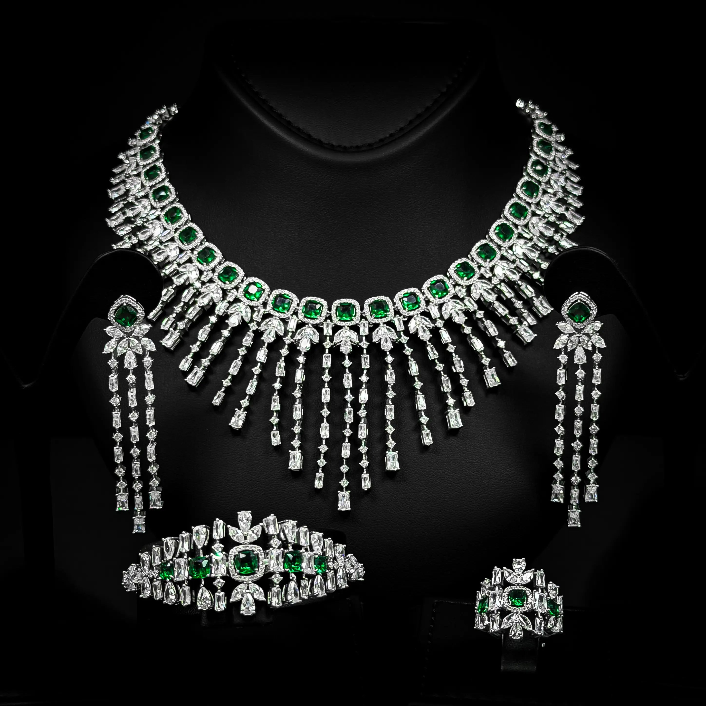 Emerald Fringe Green Premium Quality Zircon Rhodium Plated Wedding Full Set