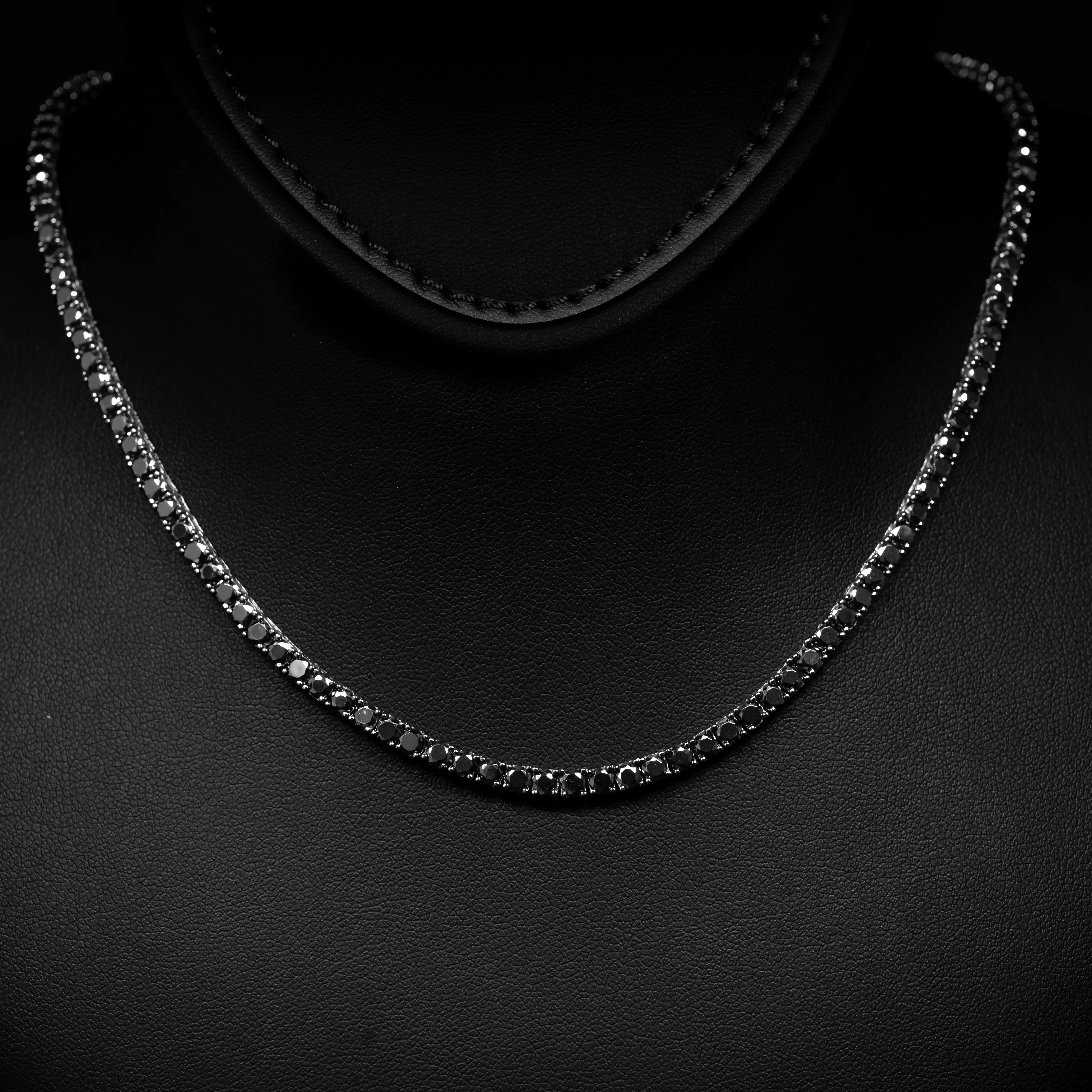 Dolce Mondo Tennis Necklace 3mm, 4mm & 6mm Black Simulated Diamond Stone in Pure 925 Sterling Silver