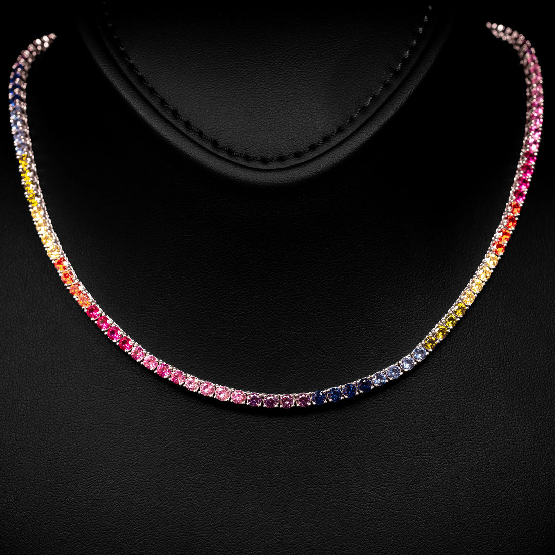 Dolce Mondo Tennis Necklace 3mm Rainbow Multicolor Simulated Diamond Stone in Pure 925 Sterling Silver