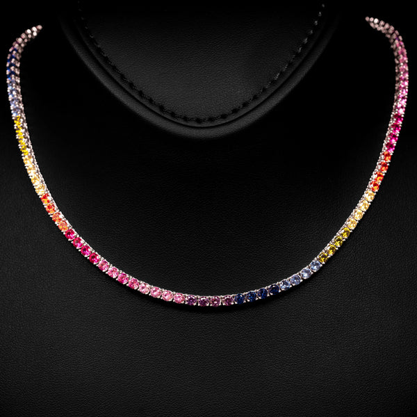 Dolce Mondo Tennis Necklace 3mm Rainbow Multicolor Simulated Diamond Stone in Pure 925 Sterling Silver