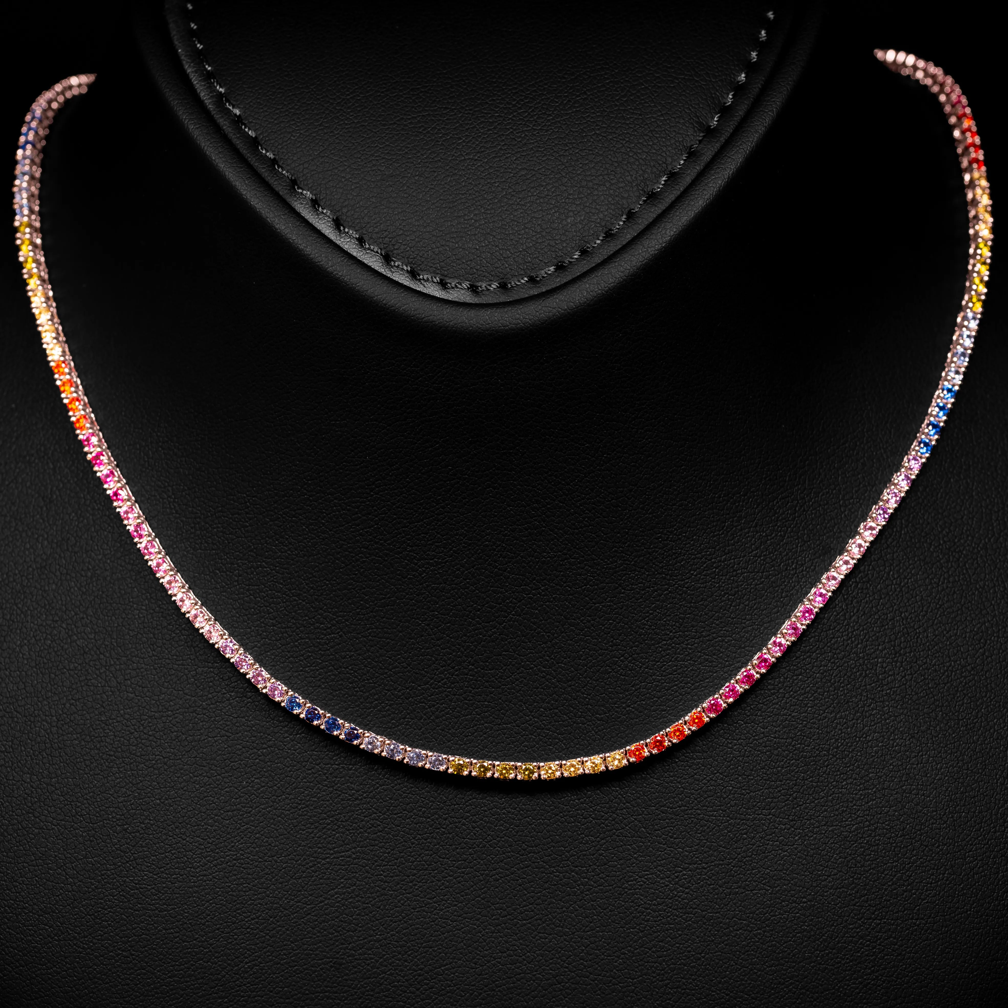 Dolce Mondo Tennis Necklace 2mm Rainbow Multicolor Simulated Diamond Stone in Pure 925 Sterling Silver
