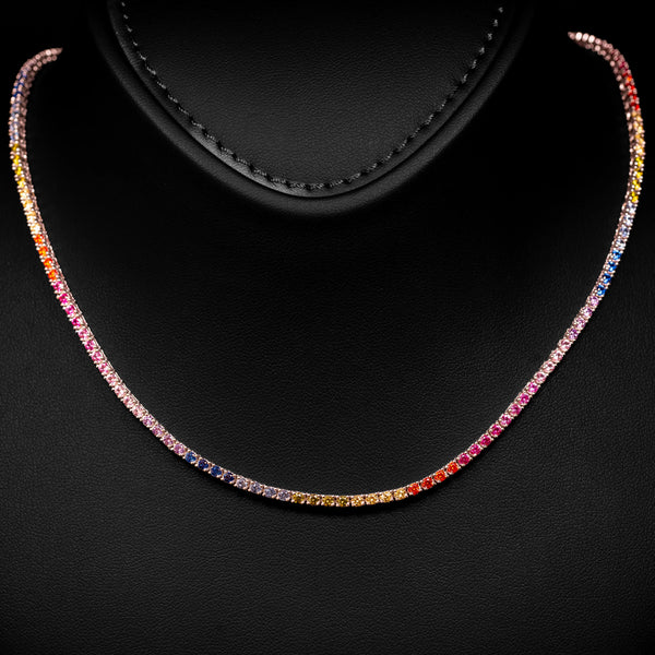 Dolce Mondo Tennis Necklace 2mm Rainbow Multicolor Simulated Diamond Stone in Pure 925 Sterling Silver