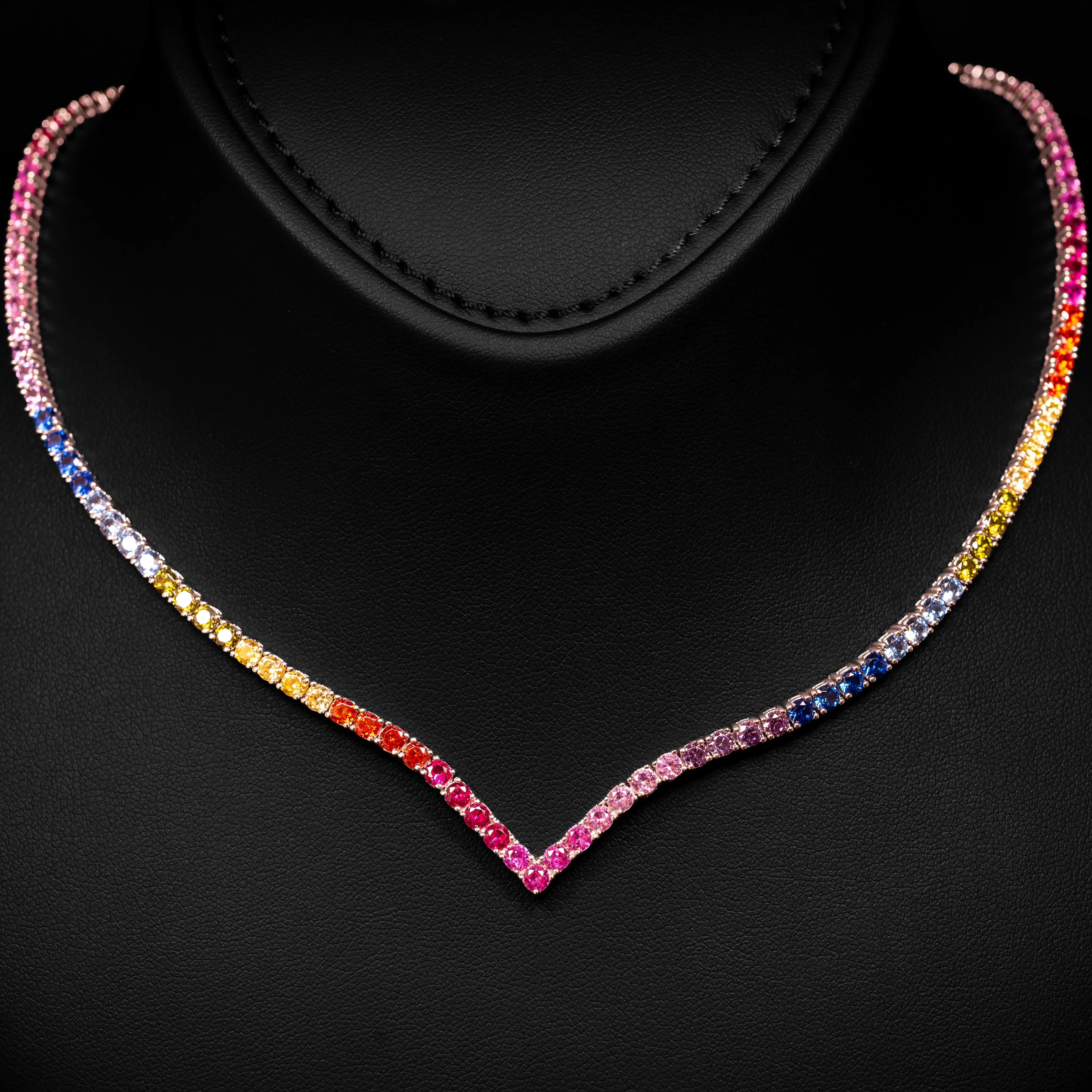 Dolce Mondo Tennis Necklace 3mm Rainbow Multicolor Simulated Diamond Stone in Pure 925 Sterling Silver