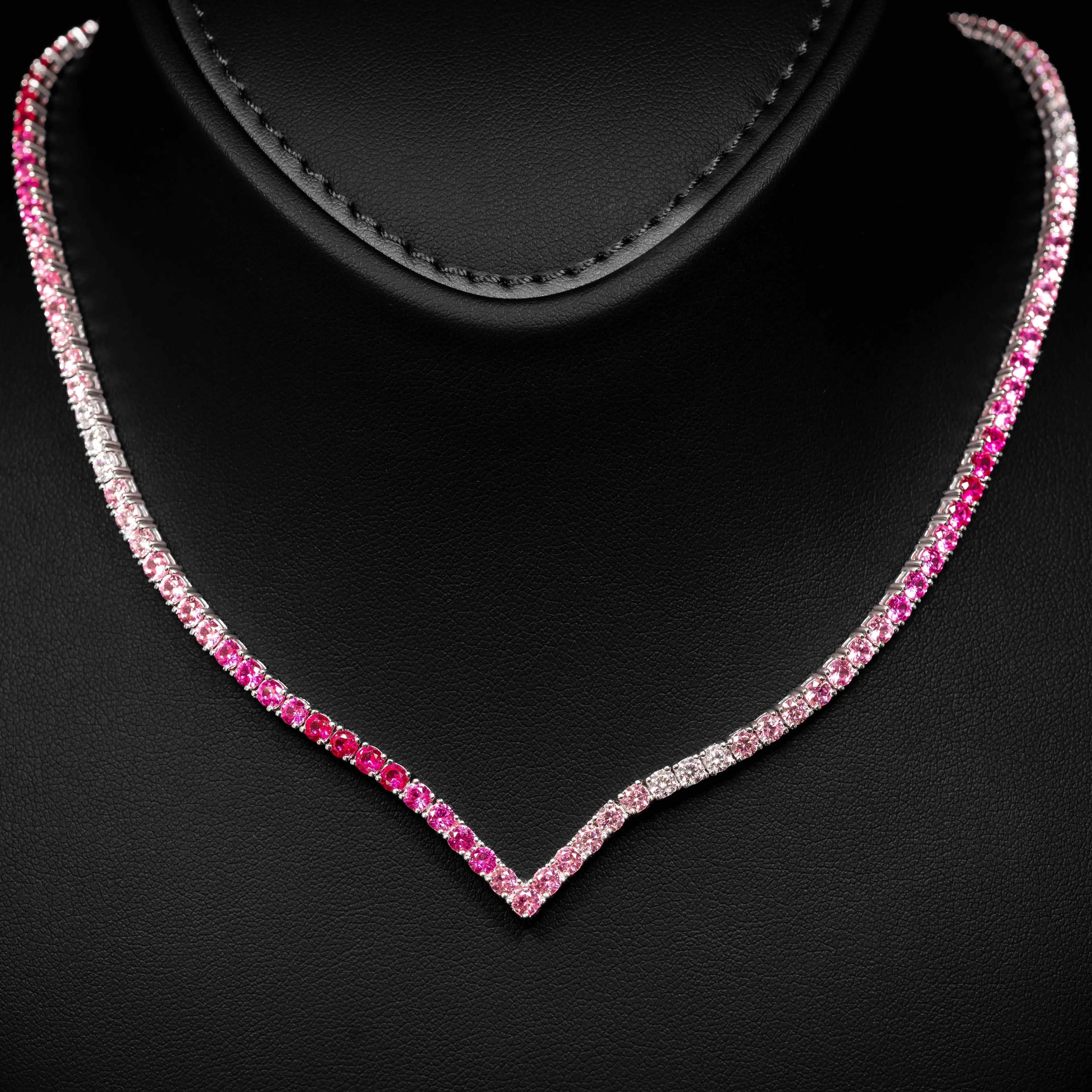 Dolce Mondo Tennis Necklace 3mm Pink & Fuchsia Pink Simulated Diamond Stone in Pure 925 Sterling Silver