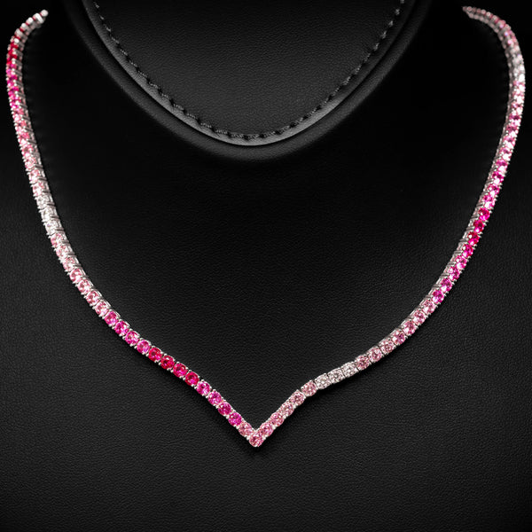 Dolce Mondo Tennis Necklace 3mm Pink & Fuchsia Pink Simulated Diamond Stone in Pure 925 Sterling Silver