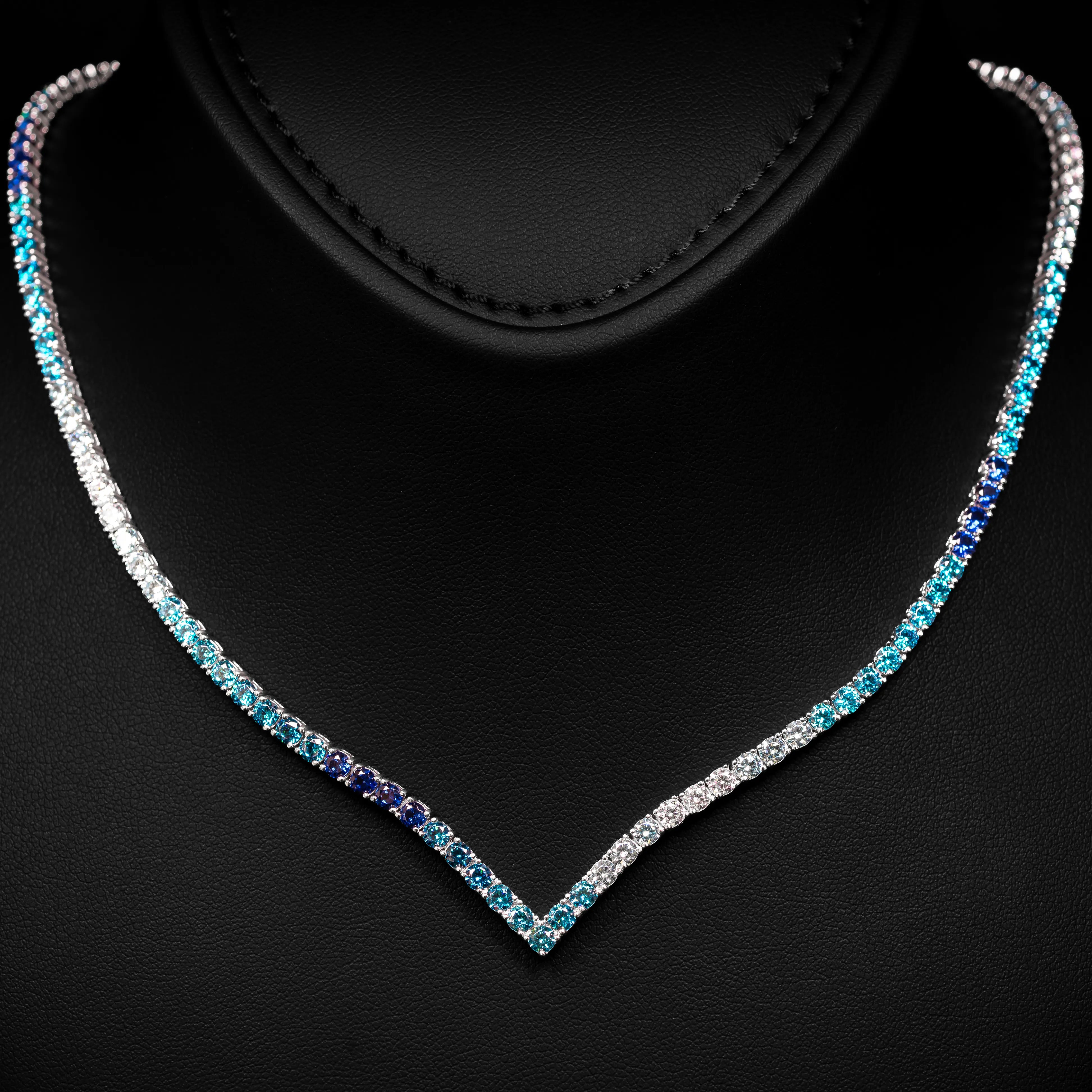 Dolce Mondo Tennis Necklace 3mm Blue & White Simulated Diamond Stone in Pure 925 Sterling Silver