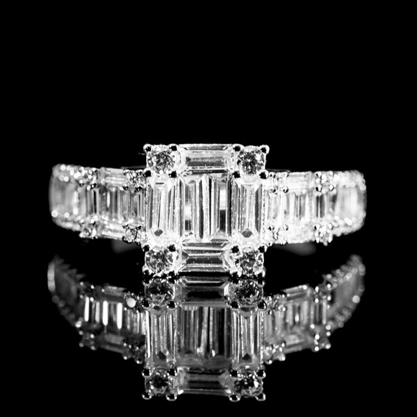Dolce Mondo Regal White Emerald Cut Cluster Ring in 925 Silver with Premium Zircon Stones – High Quality Rhodium Plated