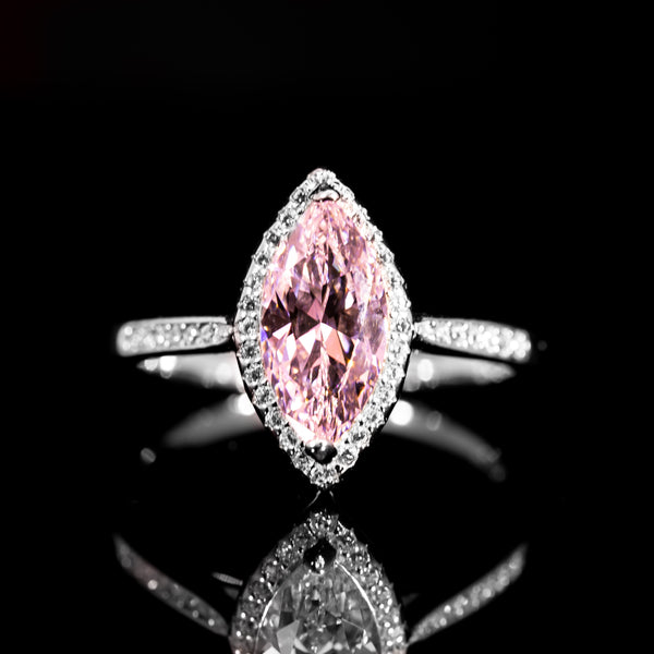 Dolce Mondo Elegant Pink Marquise Halo Ring in 925 Silver with Premium Zircon Stones – High Quality Rhodium Plated