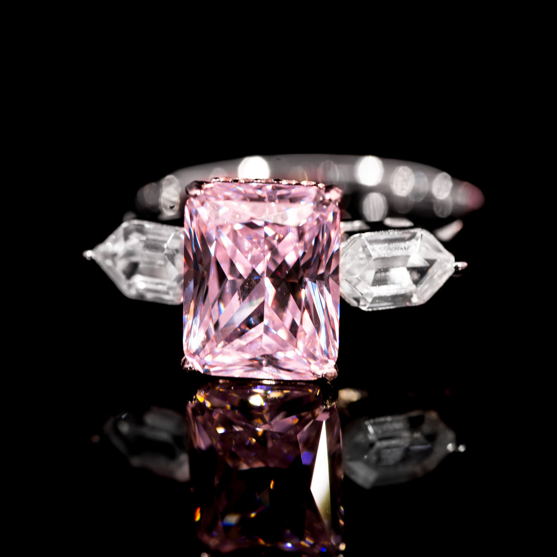 Dolce Mondo Regal Pink Radiant Cut Three Stone Ring in 925 Silver with Premium Zircon Stones