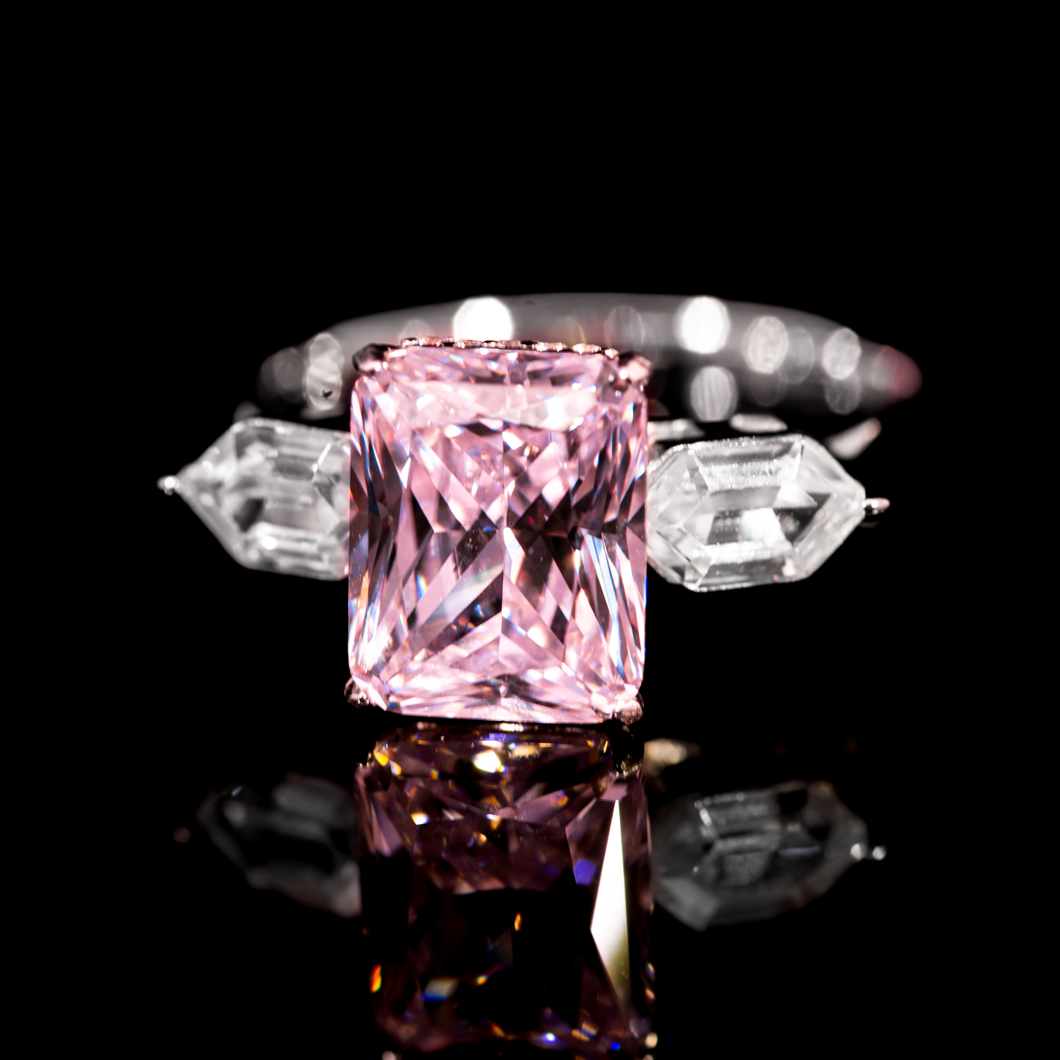 Dolce Mondo Regal Pink Radiant Cut Three Stone Ring in 925 Silver with Premium Zircon Stones