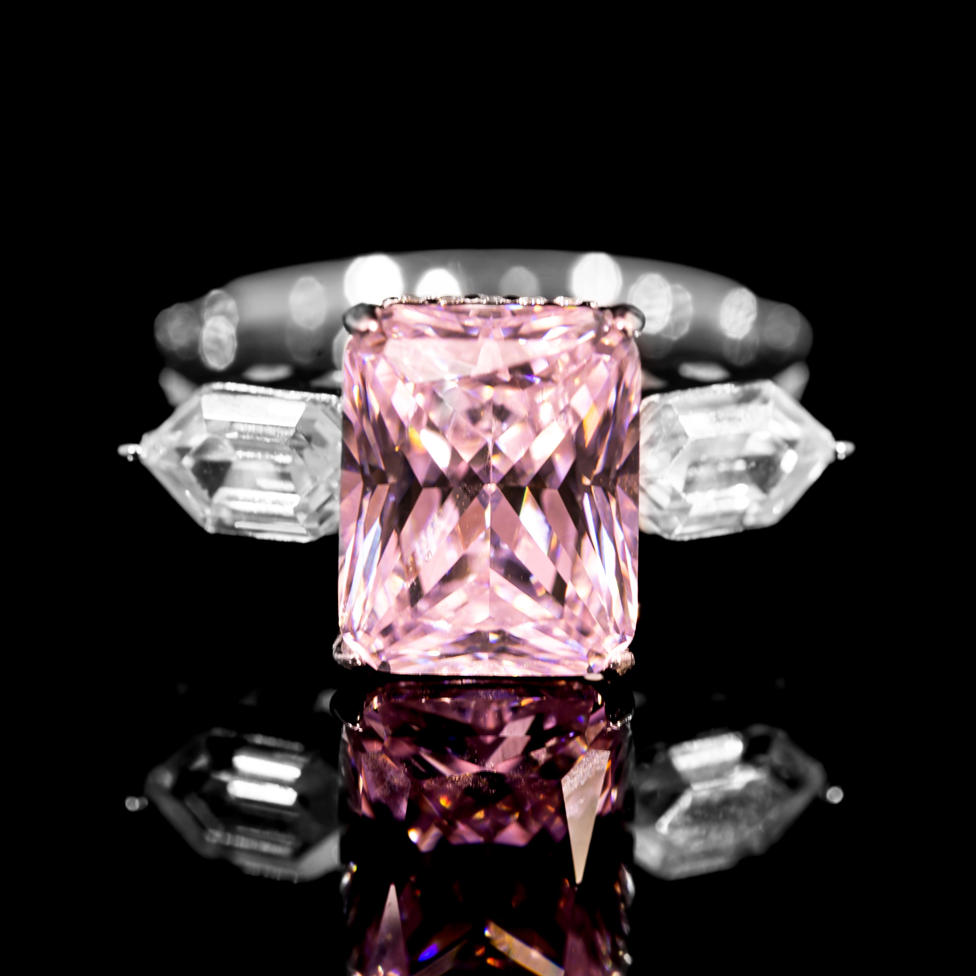 Dolce Mondo Regal Pink Radiant Cut Three Stone Ring in 925 Silver with Premium Zircon Stones
