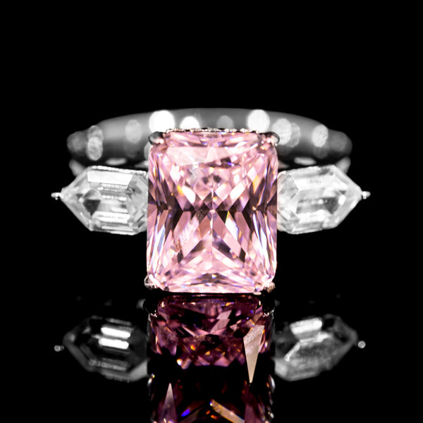 Dolce Mondo Regal Pink Radiant Cut Three Stone Ring in 925 Silver with Premium Zircon Stones
