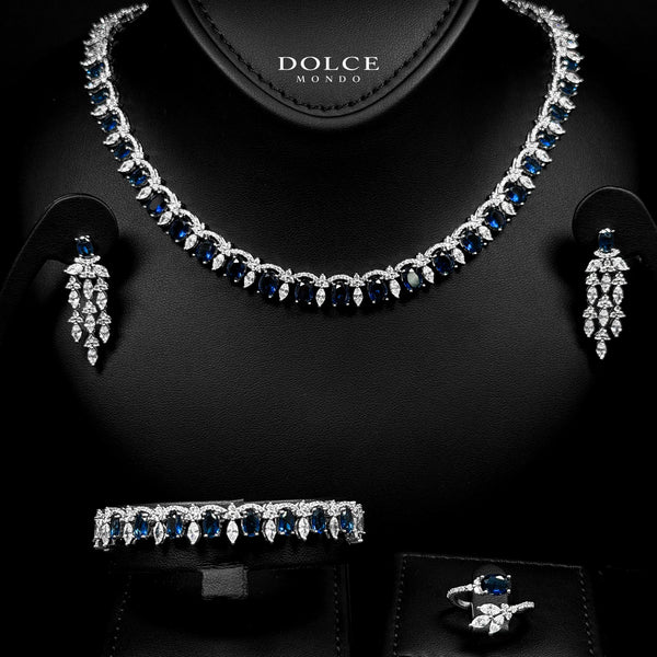 Almera Blue Luxury Bridal Full Set Featuring High-Quality Zircon Stones with a Premium Rhodium-Plated Finish